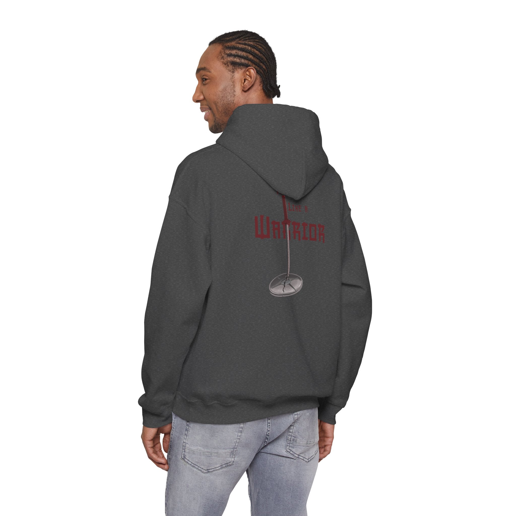 Train Like a Warrior Hoodie — Katana & 45lb Weight Gym Motivation