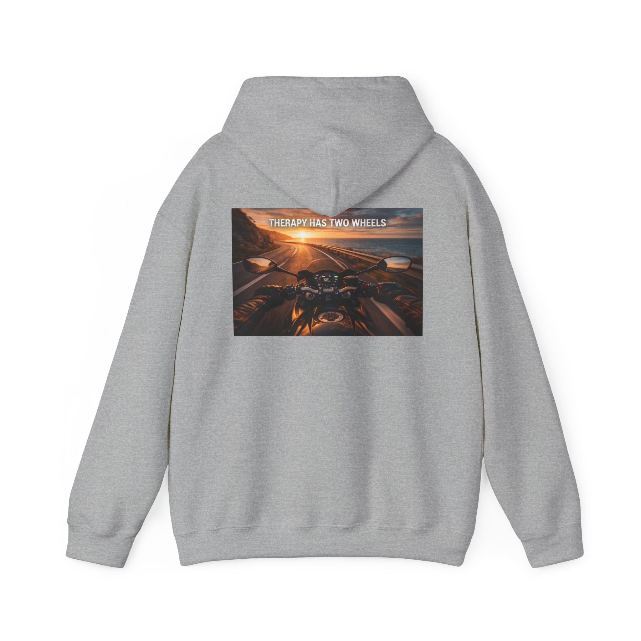 Therapy Has Two Wheels Hoodie — POV Rider Motorcycle Sunset Sweatshirt