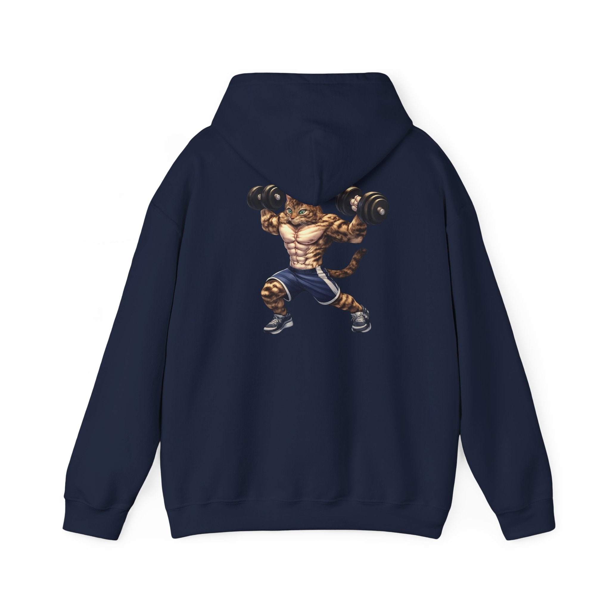 Buff Tiger Tabby Gym Hoodie — Funny Muscular Cat Lifting Dumbbells