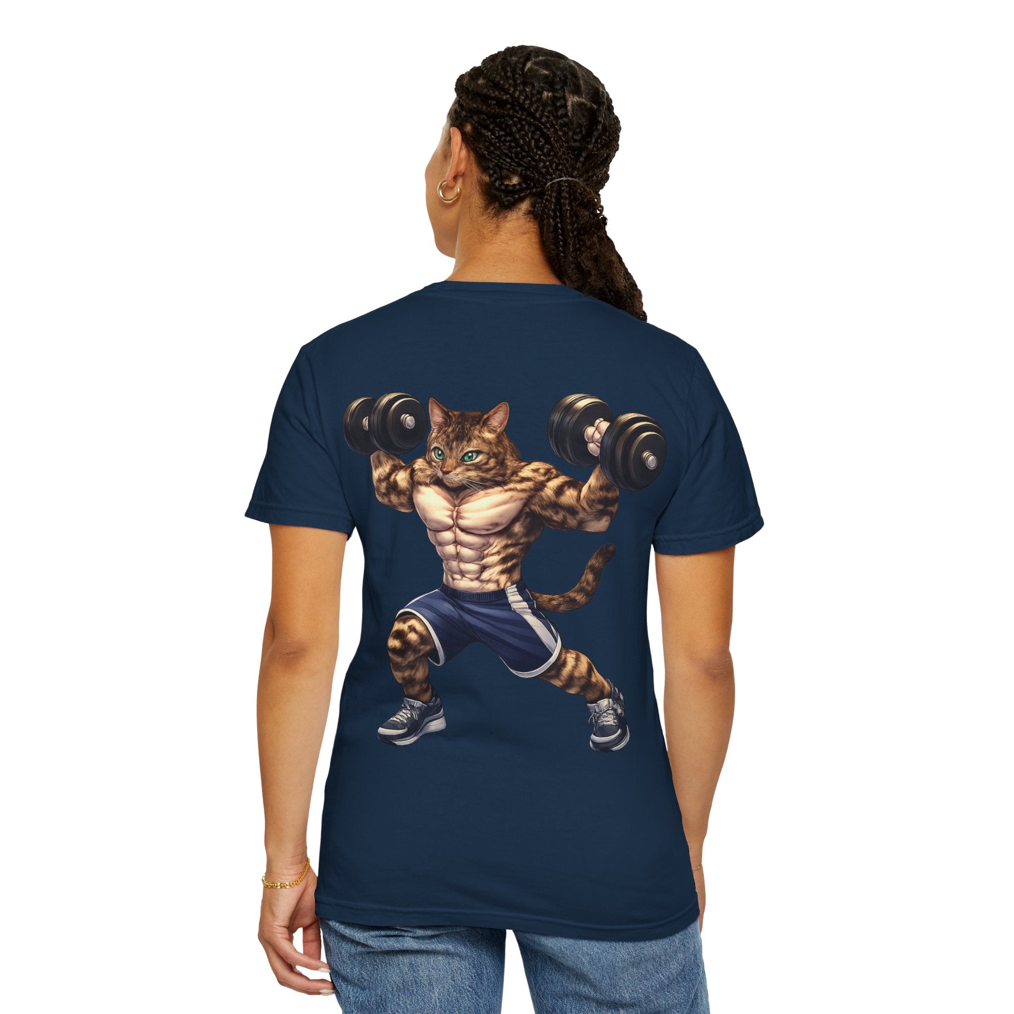 Buff Tiger Cat Gym Workout T-Shirt — Funny Muscular Tabby Cat Lifting Dumbbells