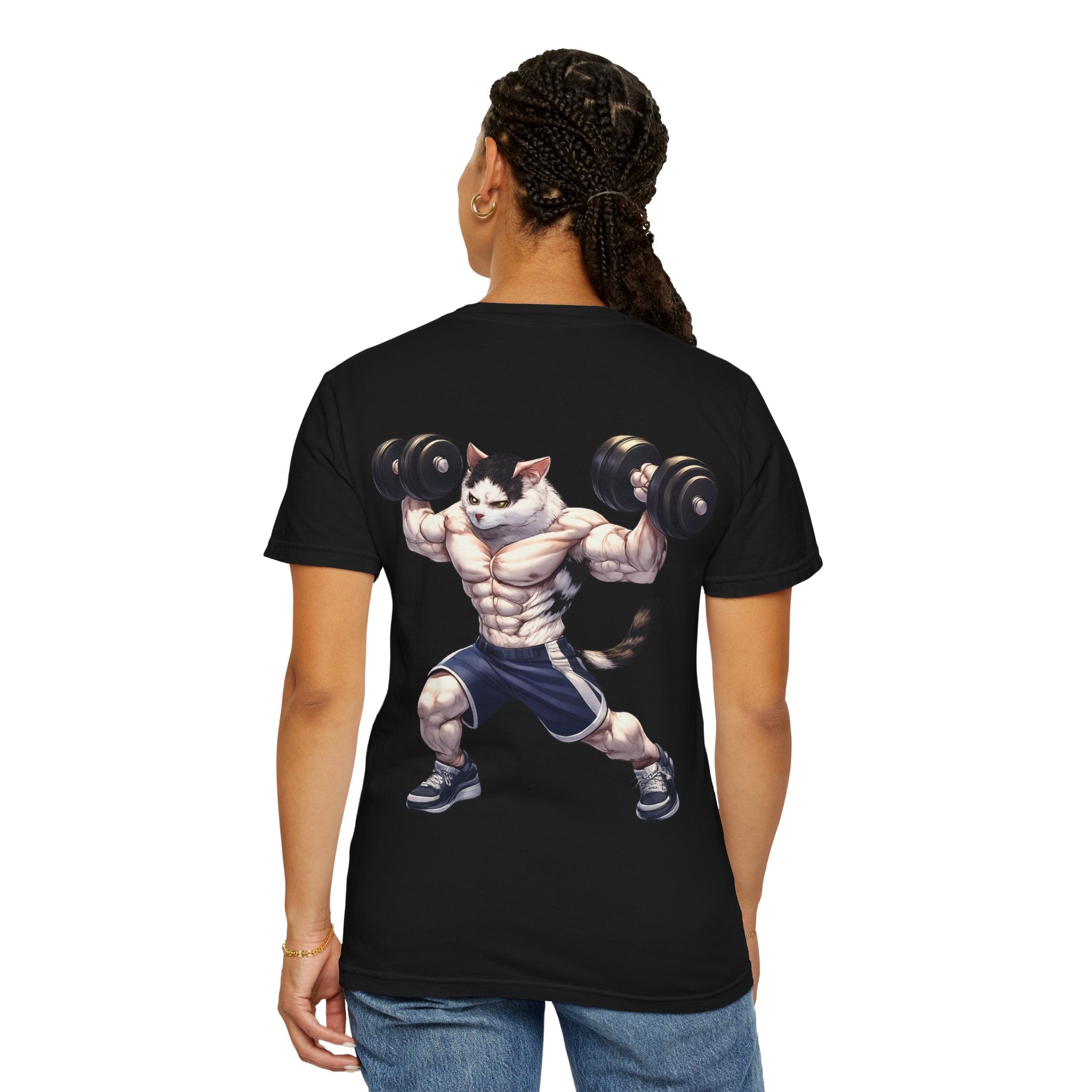 Buff Cat Gym Workout T-Shirt — Funny Muscular White Cat with Black Spots Lifting Dumbbells