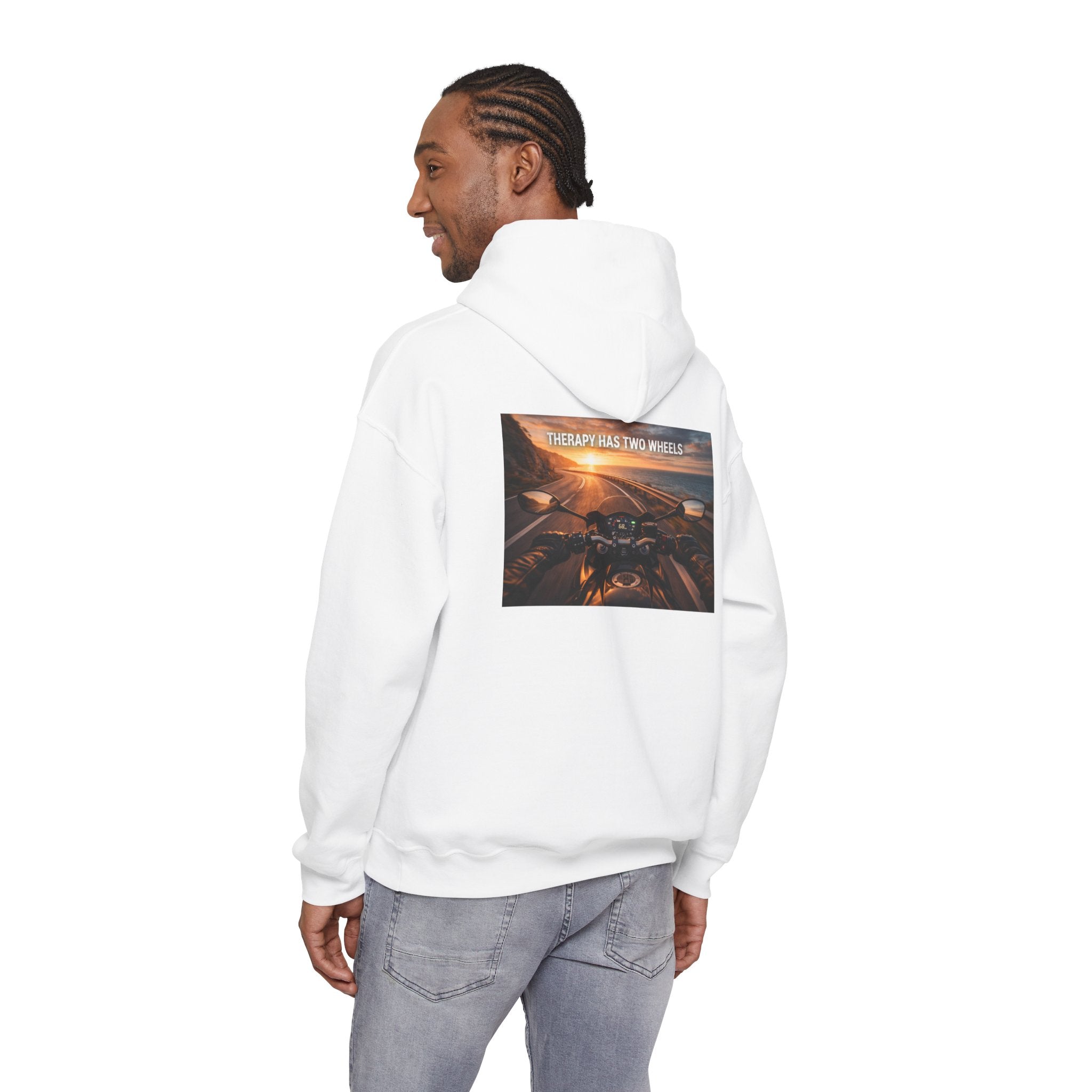 Therapy Has Two Wheels Hoodie — POV Rider Motorcycle Sunset Sweatshirt