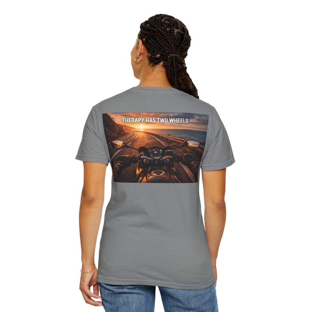 Therapy Has Two Wheels Motorcycle T-Shirt — POV Rider Sunset Ride