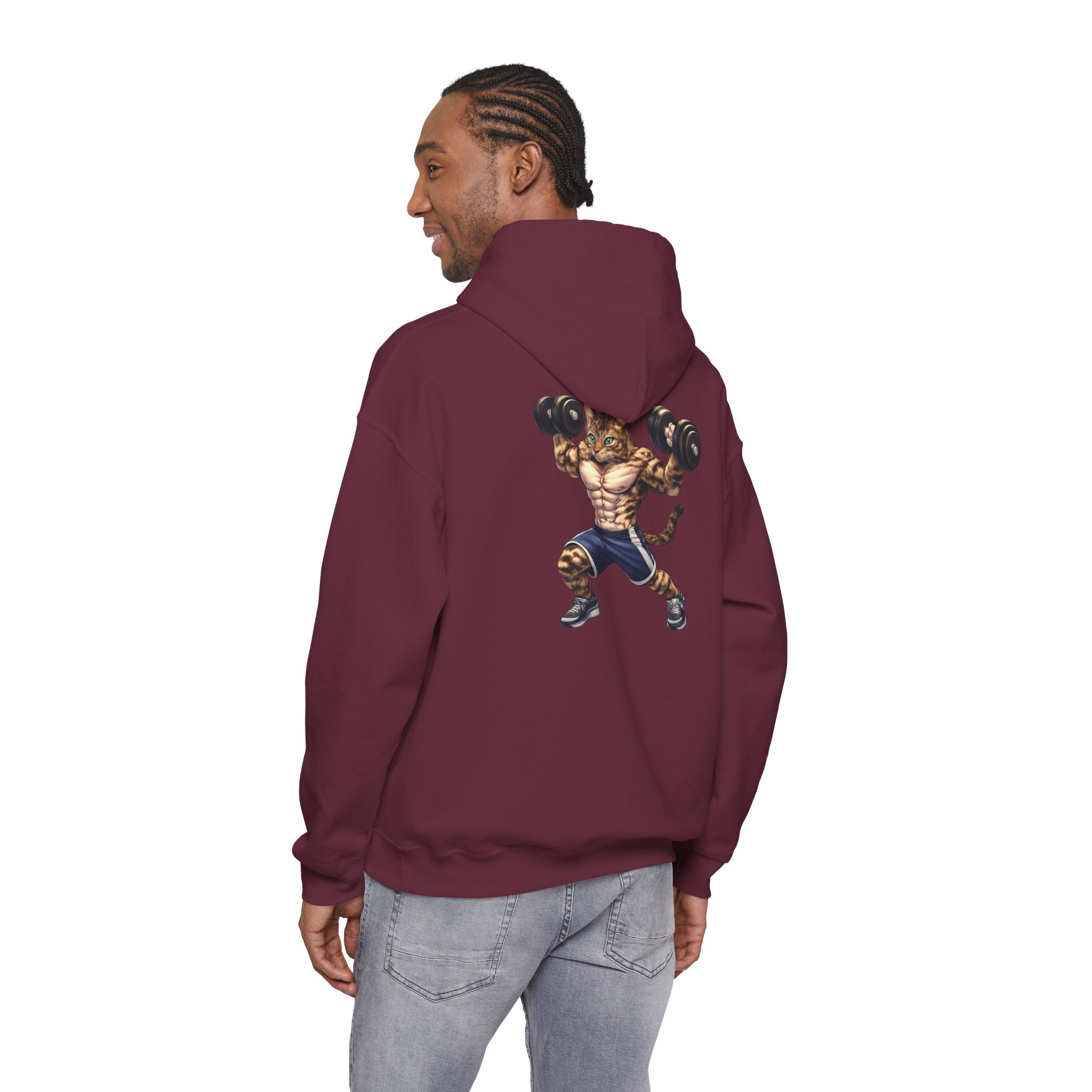 Buff Tiger Tabby Gym Hoodie — Funny Muscular Cat Lifting Dumbbells