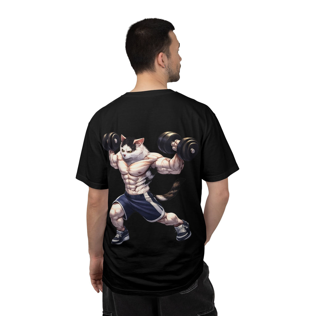 Buff Cat Gym Workout T-Shirt — Funny Muscular White Cat with Black Spots Lifting Dumbbells