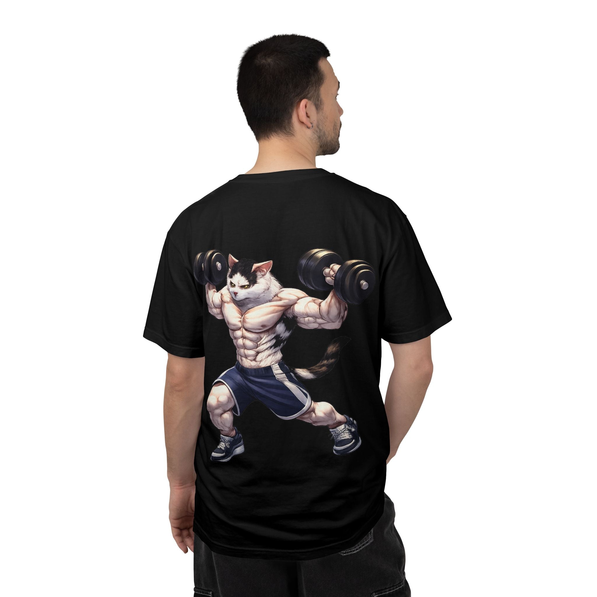 Buff Cat Gym Workout T-Shirt — Funny Muscular White Cat with Black Spots Lifting Dumbbells