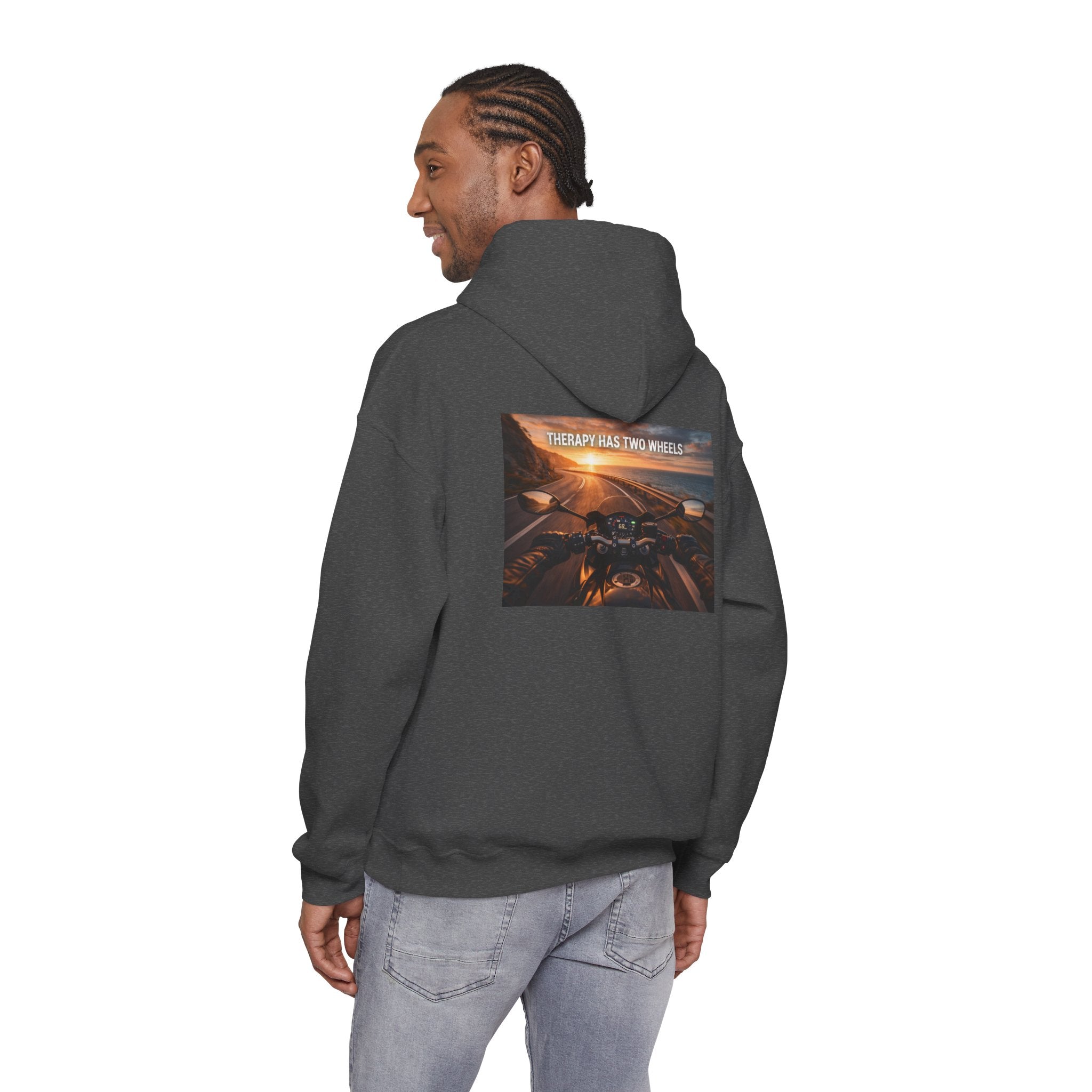 Therapy Has Two Wheels Hoodie — POV Rider Motorcycle Sunset Sweatshirt