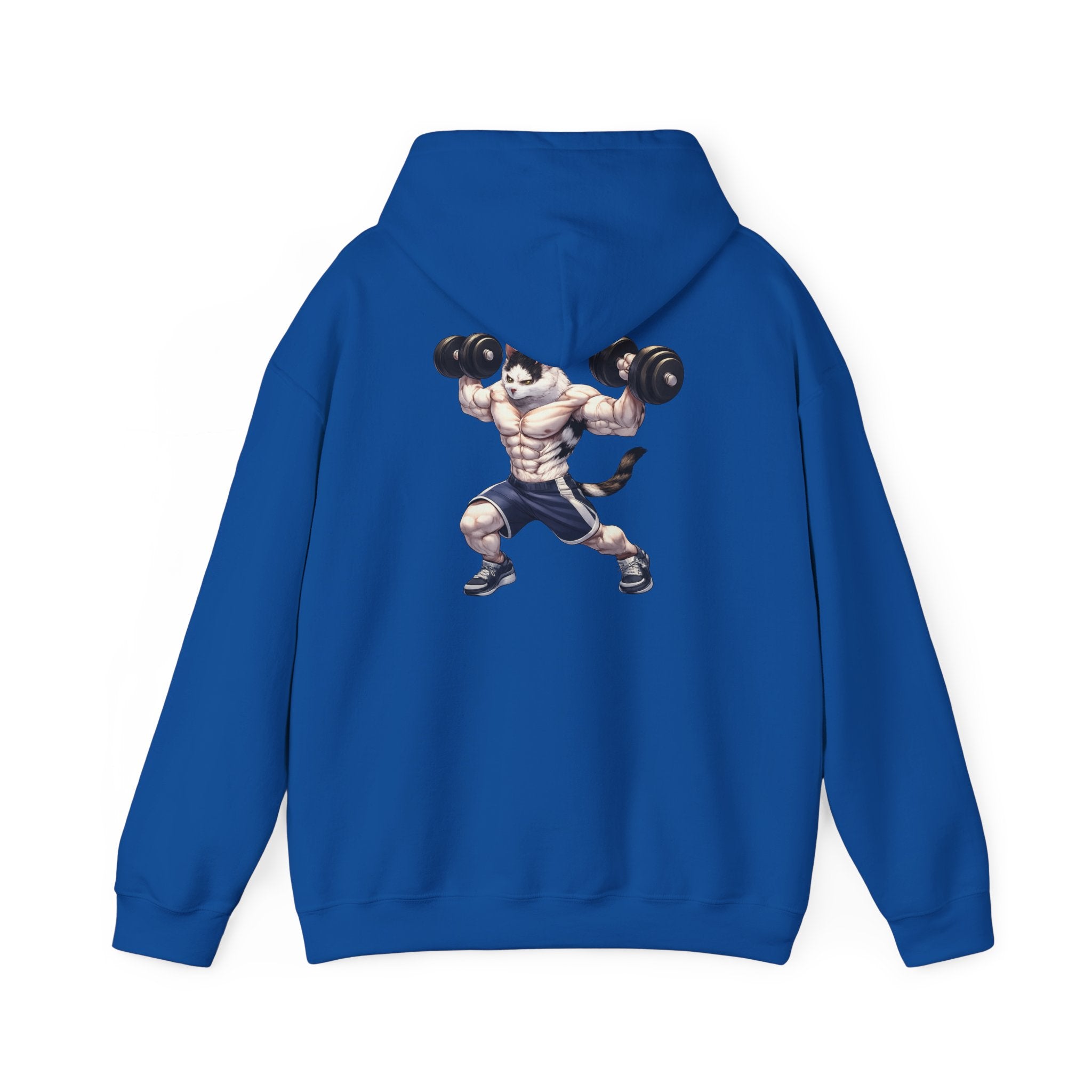 Buff Cat Gym Workout Hoodie — Funny Muscular White Cat with Black Spots Lifting Dumbbells