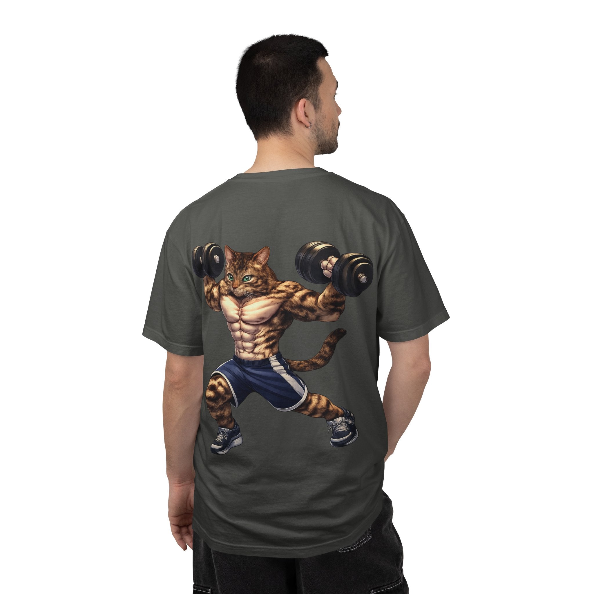 Buff Tiger Cat Gym Workout T-Shirt — Funny Muscular Tabby Cat Lifting Dumbbells