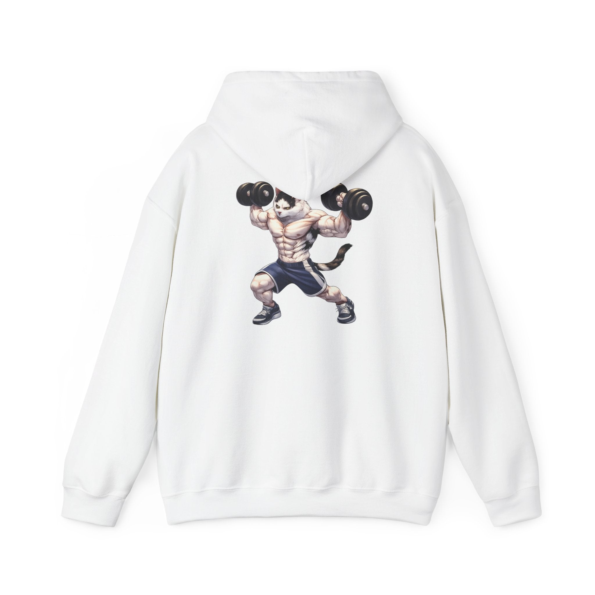 Buff Cat Gym Workout Hoodie — Funny Muscular White Cat with Black Spots Lifting Dumbbells