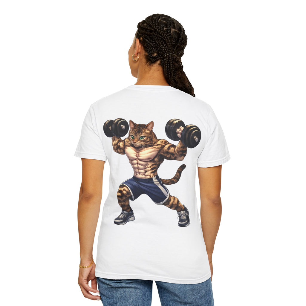 Buff Tiger Cat Gym Workout T-Shirt — Funny Muscular Tabby Cat Lifting Dumbbells