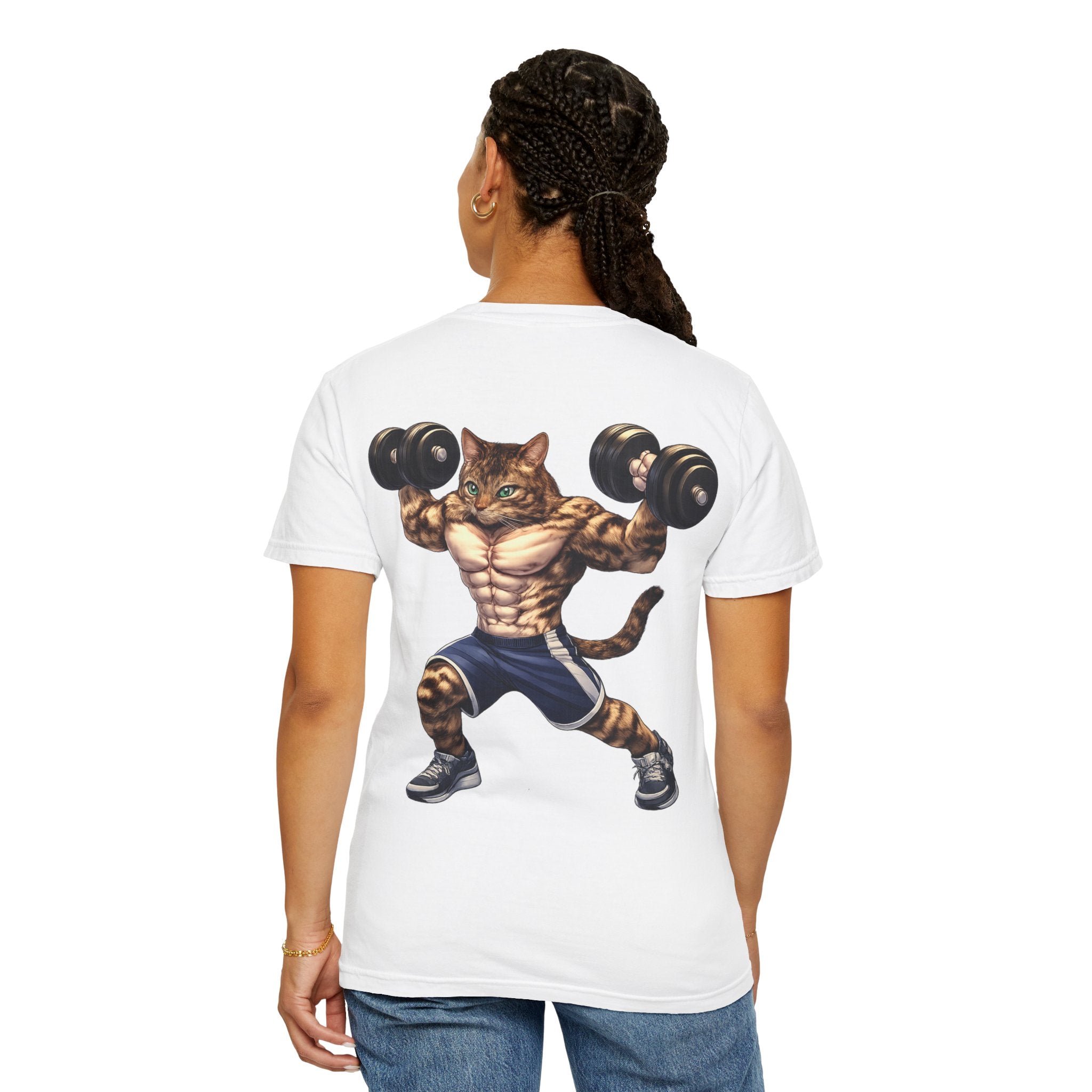 Buff Tiger Cat Gym Workout T-Shirt — Funny Muscular Tabby Cat Lifting Dumbbells