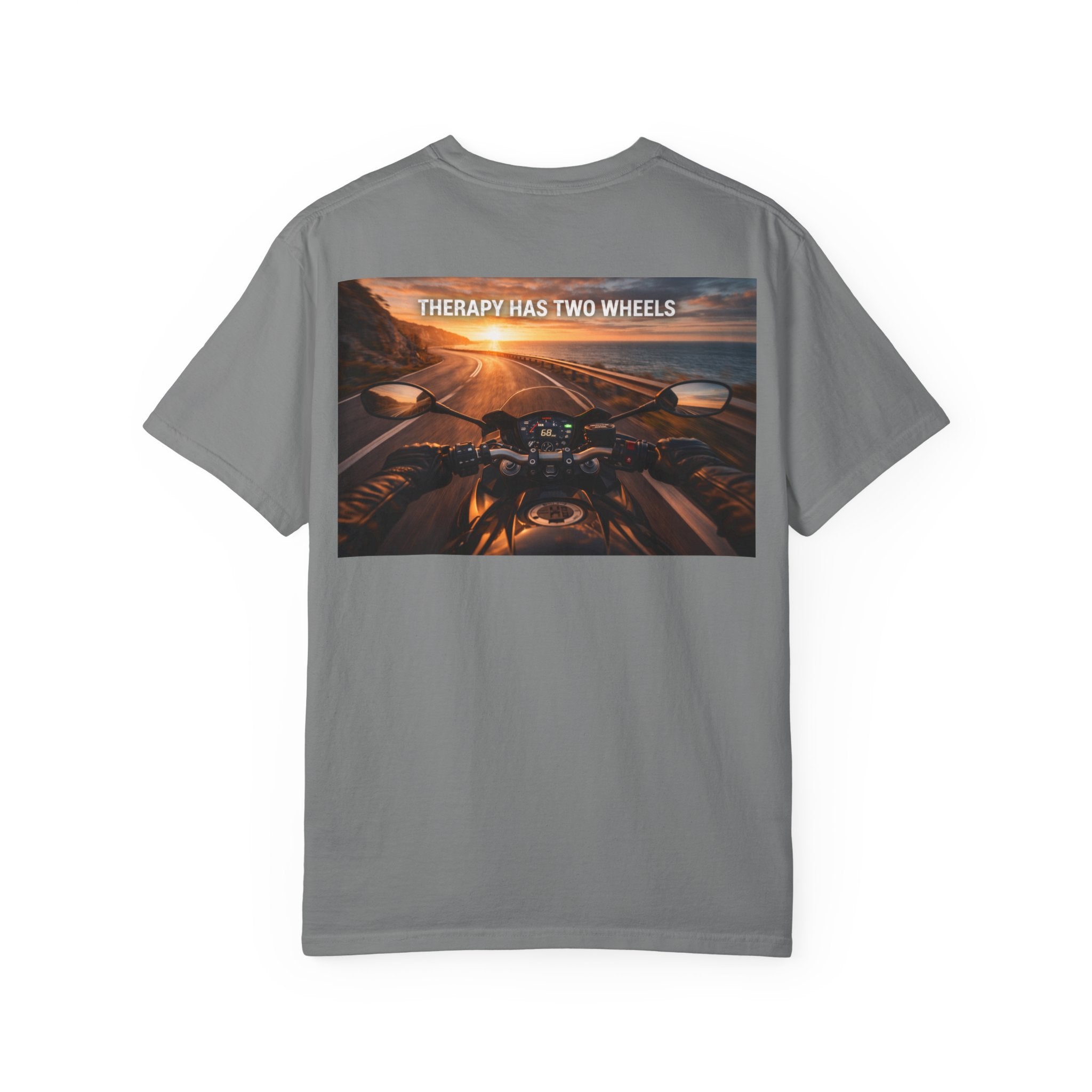 Therapy Has Two Wheels Motorcycle T-Shirt — POV Rider Sunset Ride
