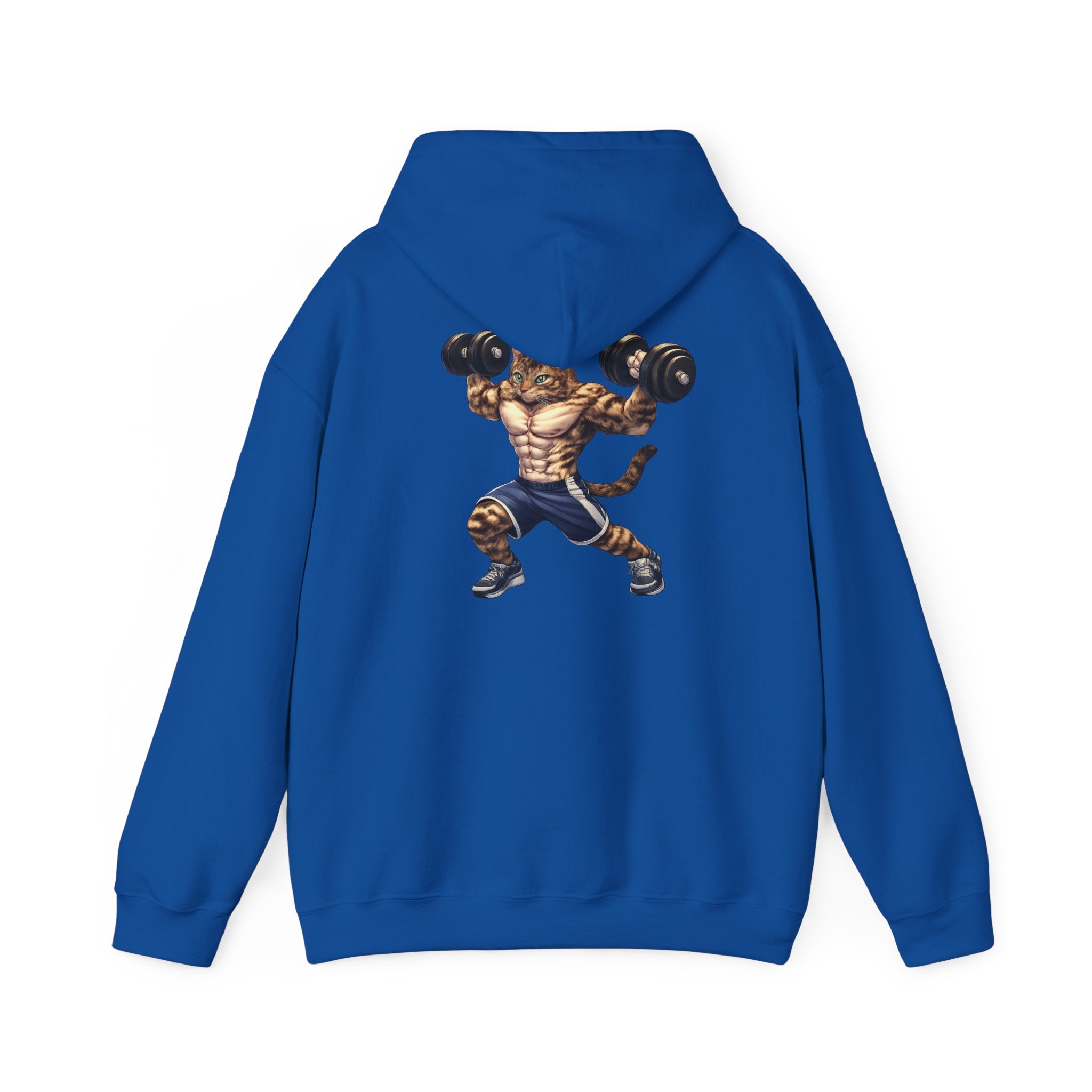Buff Tiger Tabby Gym Hoodie — Funny Muscular Cat Lifting Dumbbells