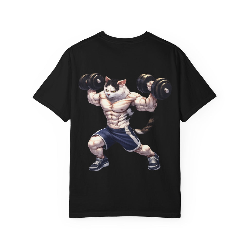 Buff Cat Gym Workout T-Shirt — Funny Muscular White Cat with Black Spots Lifting Dumbbells