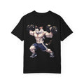 Buff Cat Gym Workout T-Shirt — Funny Muscular White Cat with Black Spots Lifting Dumbbells