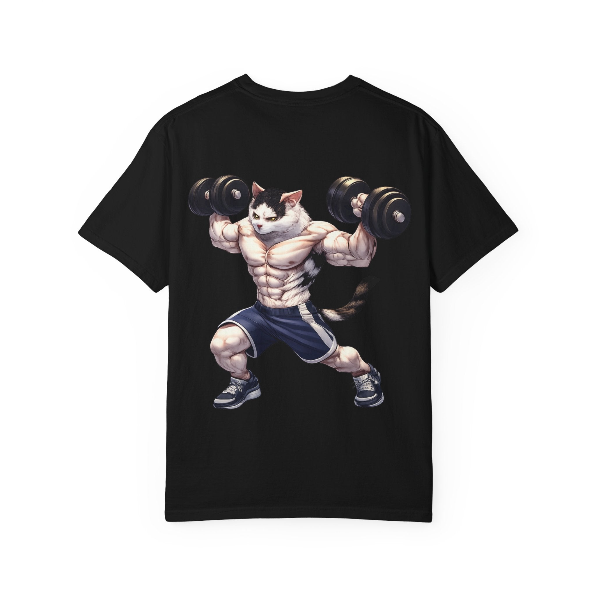 Buff Cat Gym Workout T-Shirt — Funny Muscular White Cat with Black Spots Lifting Dumbbells