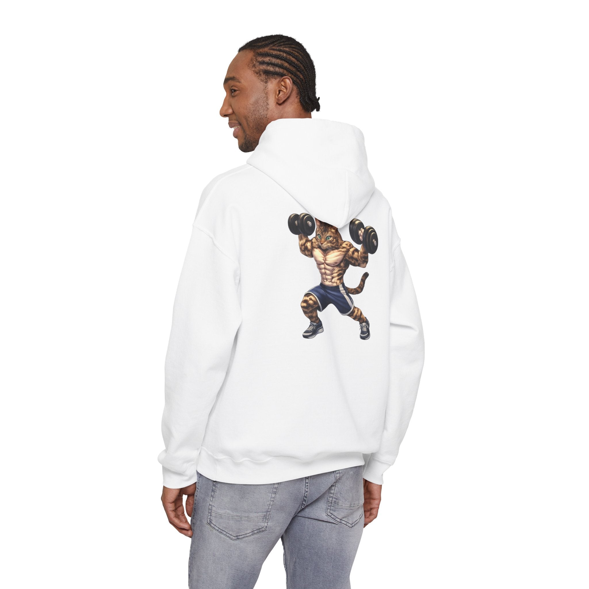 Buff Tiger Tabby Gym Hoodie — Funny Muscular Cat Lifting Dumbbells