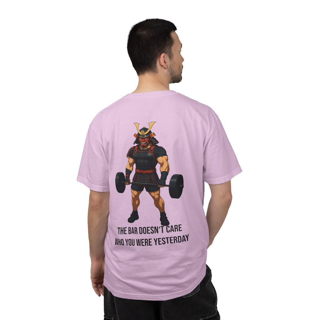 Samurai Gym Shirt — "The Bar Doesn't Care Who You Were Yesterday" Warrior Fitness Tee
