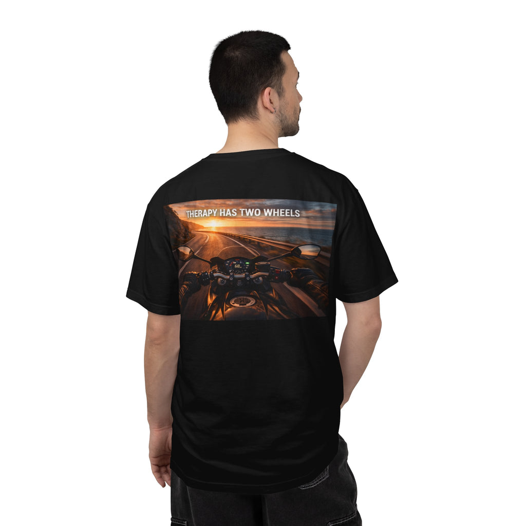 Therapy Has Two Wheels Motorcycle T-Shirt — POV Rider Sunset Ride