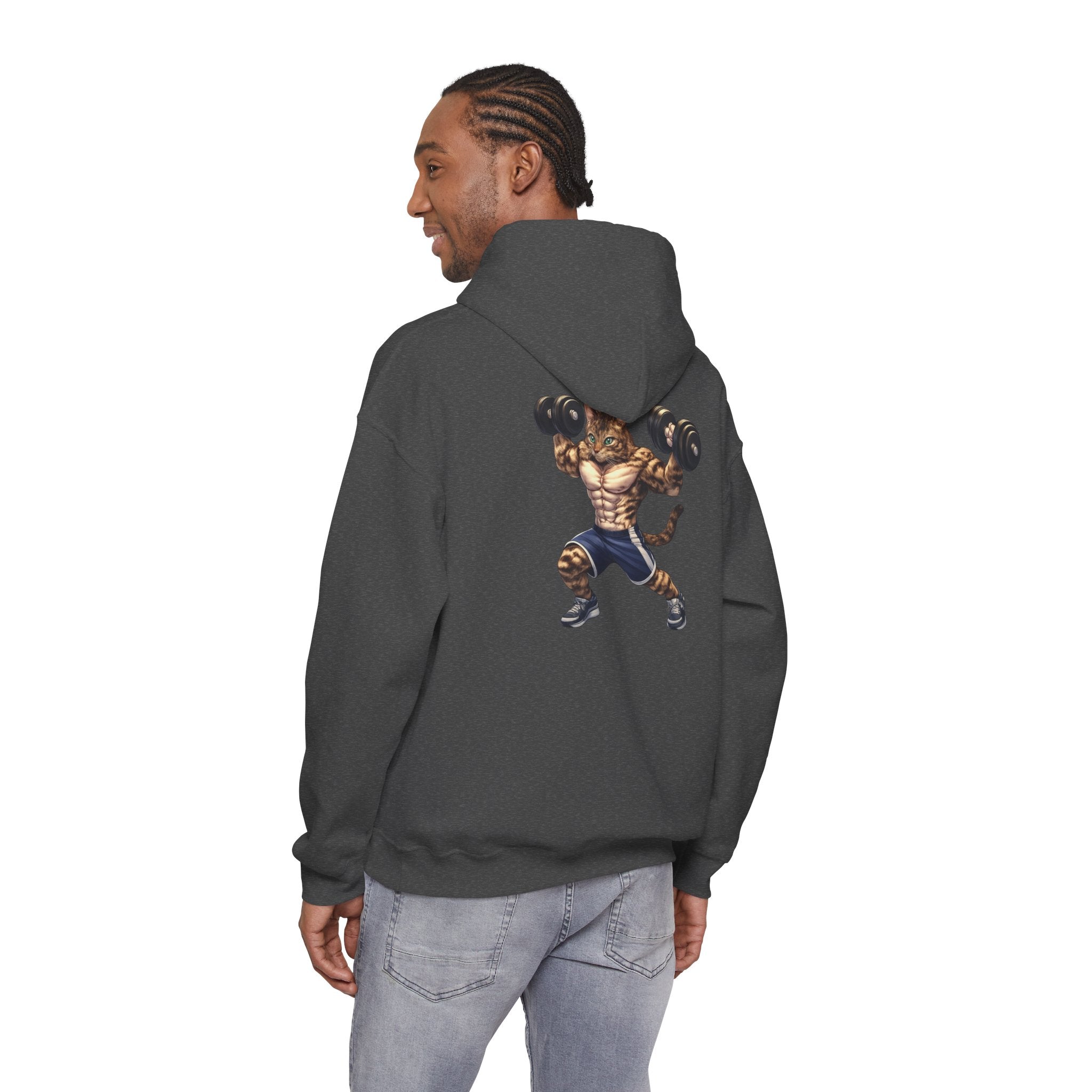 Buff Tiger Tabby Gym Hoodie — Funny Muscular Cat Lifting Dumbbells