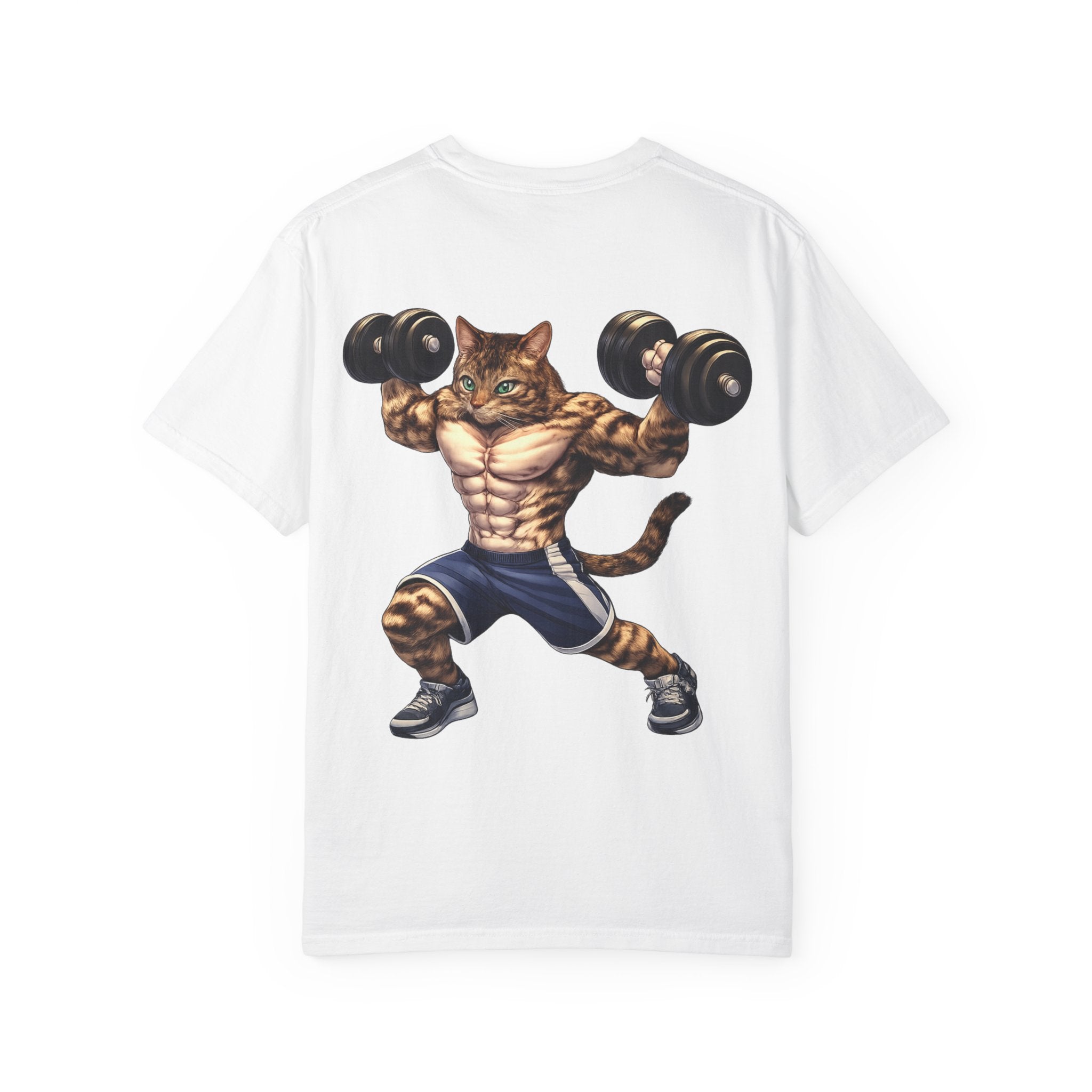 Buff Tiger Cat Gym Workout T-Shirt — Funny Muscular Tabby Cat Lifting Dumbbells