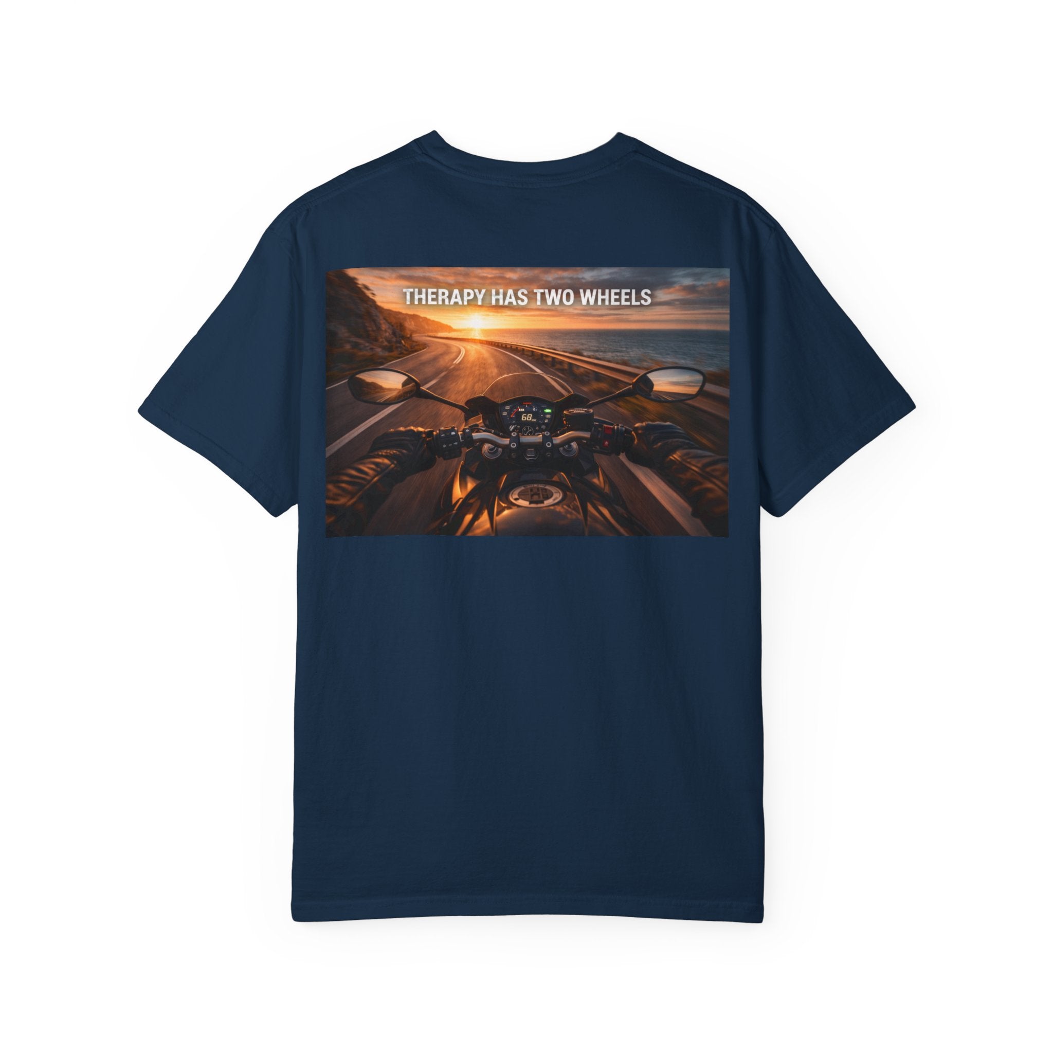 Therapy Has Two Wheels Motorcycle T-Shirt — POV Rider Sunset Ride