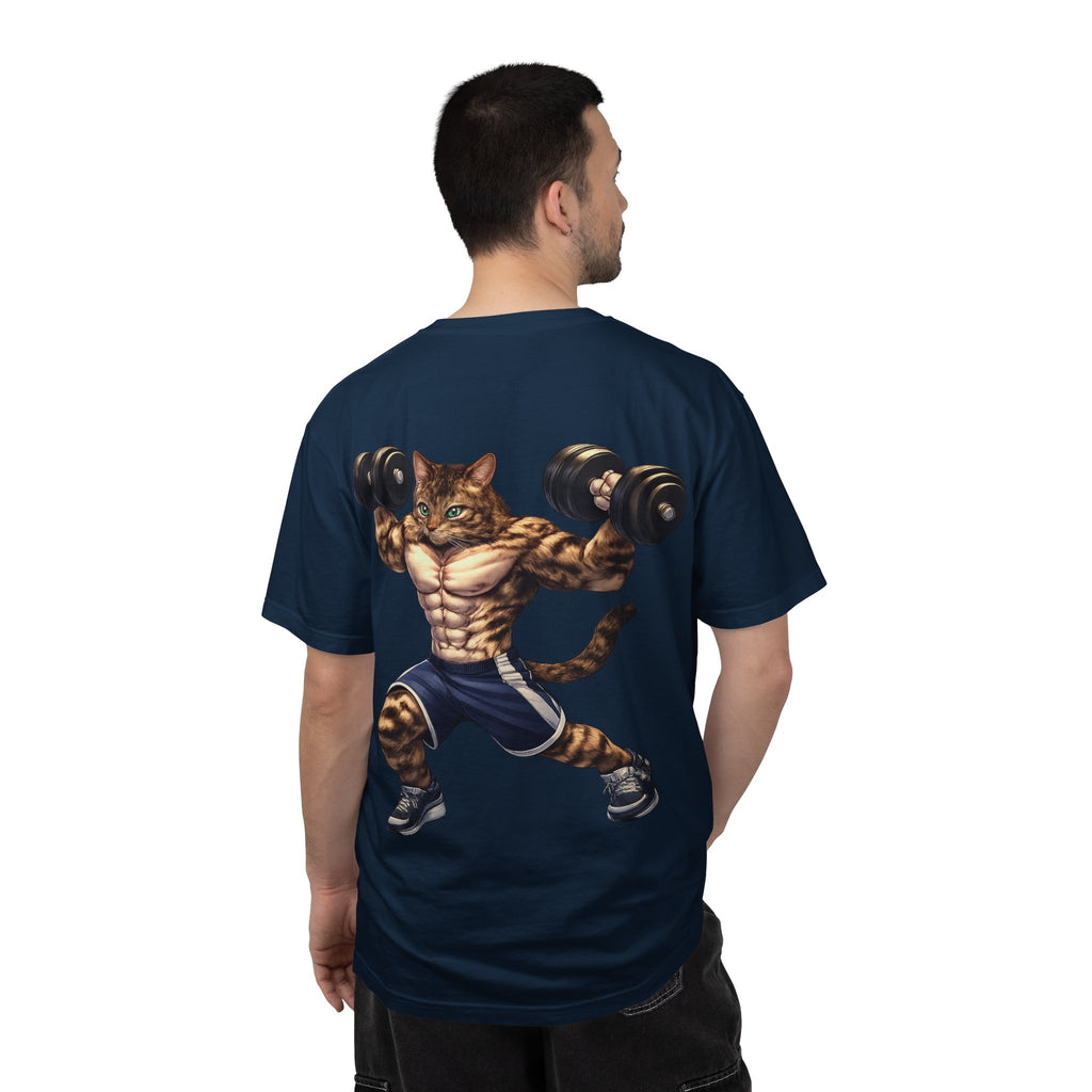Buff Tiger Cat Gym Workout T-Shirt — Funny Muscular Tabby Cat Lifting Dumbbells