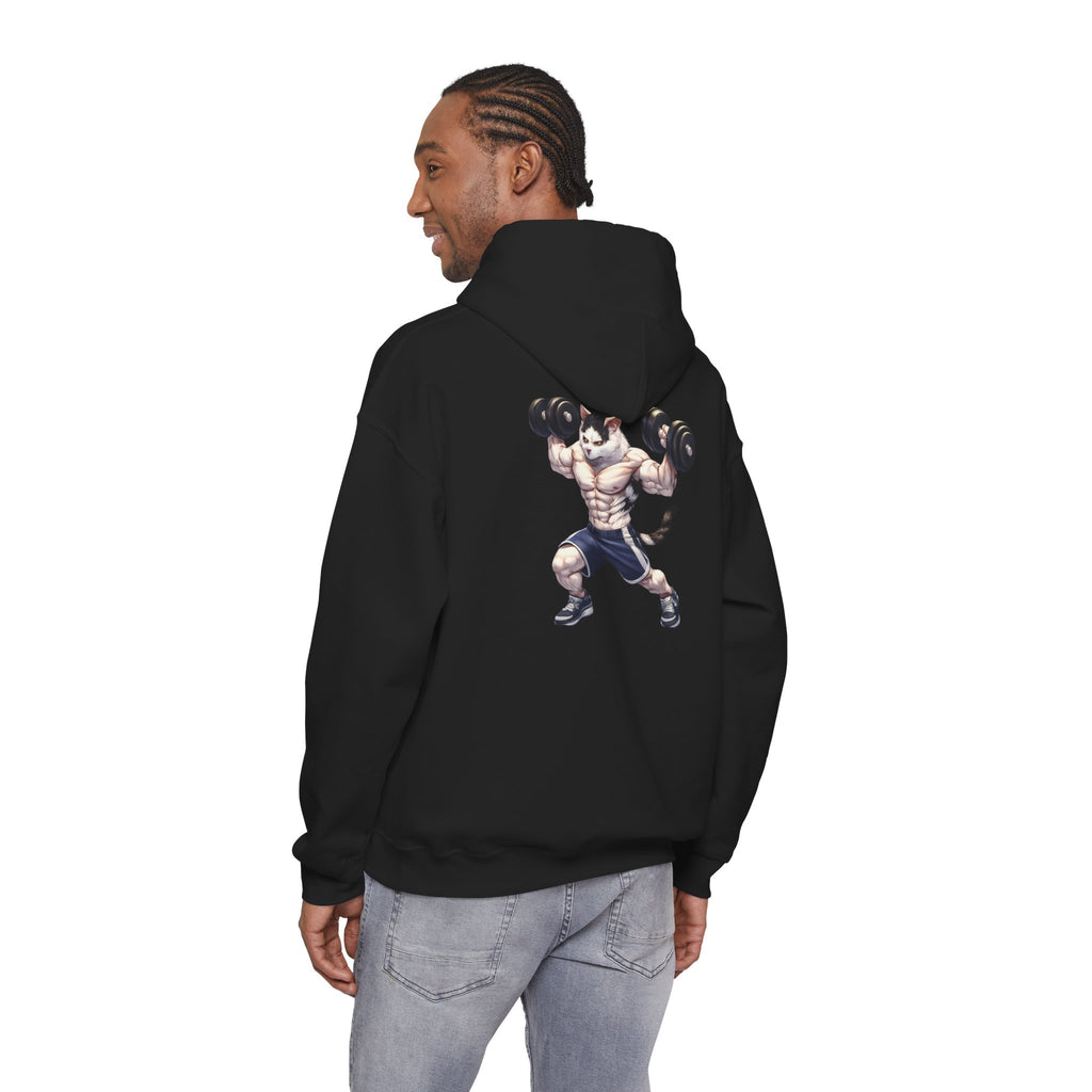 Buff Cat Gym Workout Hoodie — Funny Muscular White Cat with Black Spots Lifting Dumbbells
