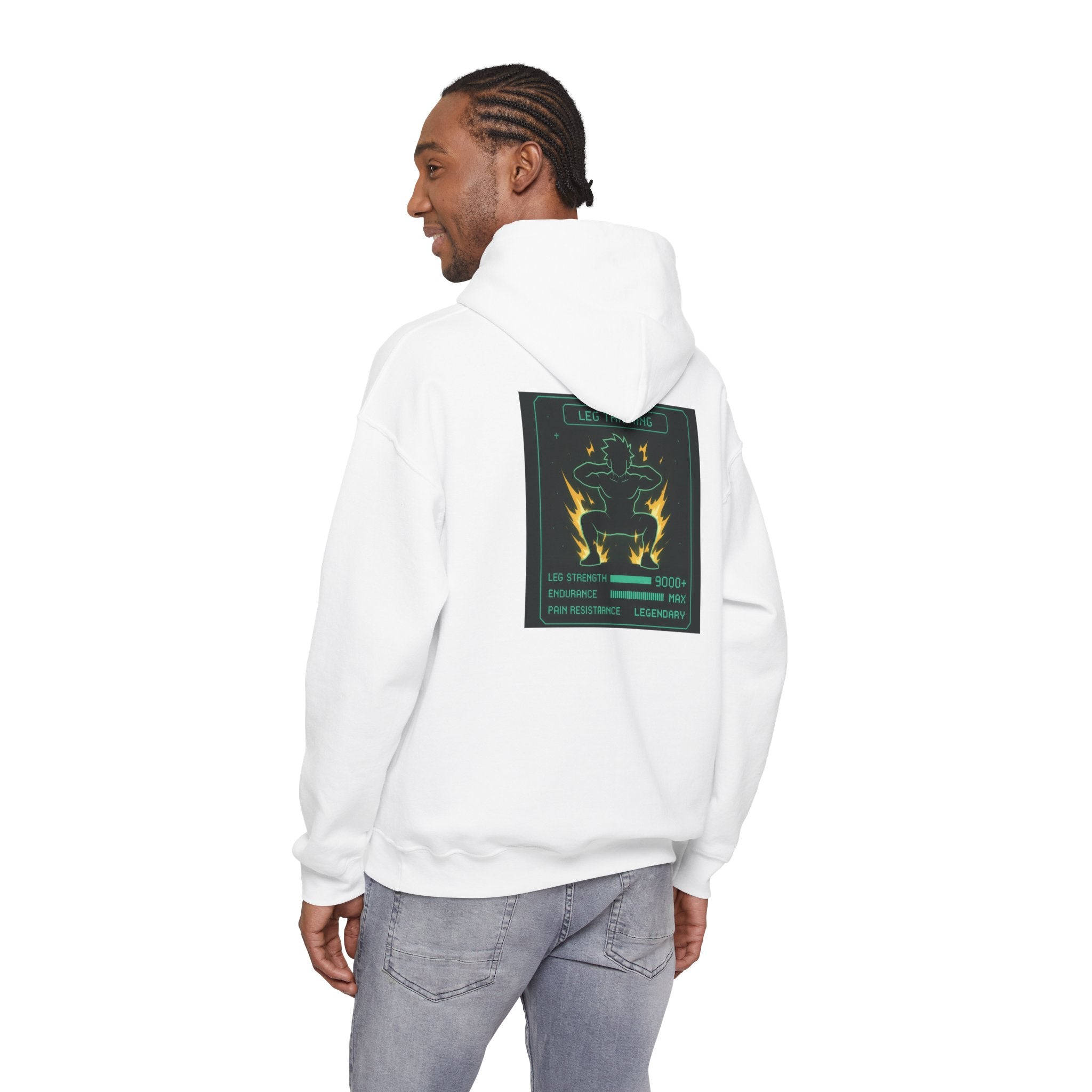Leg Training Stats 9000+ RPG Gym Hoodie — Men’s Gaming Leg Day Motivation