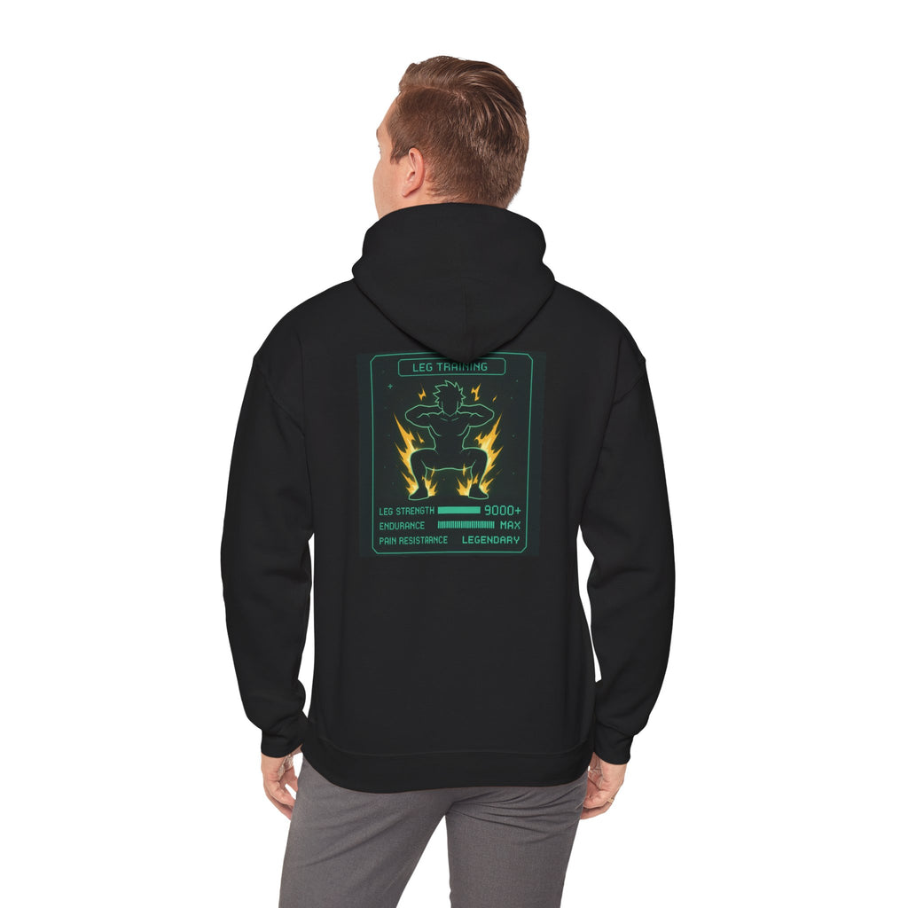 Leg Training Stats 9000+ RPG Gym Hoodie — Men’s Gaming Leg Day Motivation