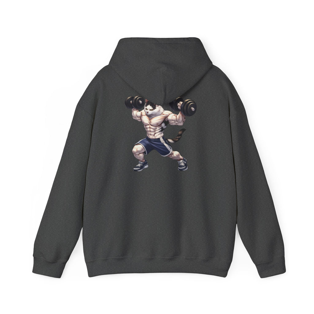 Buff Cat Gym Workout Hoodie — Funny Muscular White Cat with Black Spots Lifting Dumbbells
