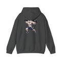 Buff Cat Gym Workout Hoodie — Funny Muscular White Cat with Black Spots Lifting Dumbbells