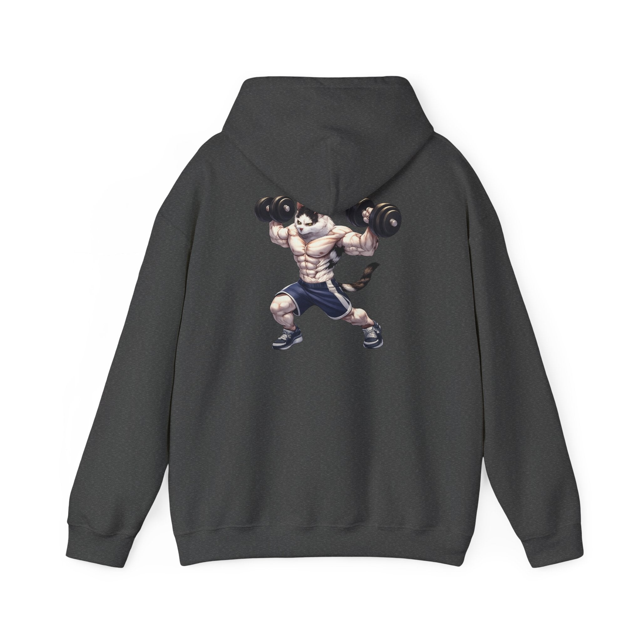 Buff Cat Gym Workout Hoodie — Funny Muscular White Cat with Black Spots Lifting Dumbbells
