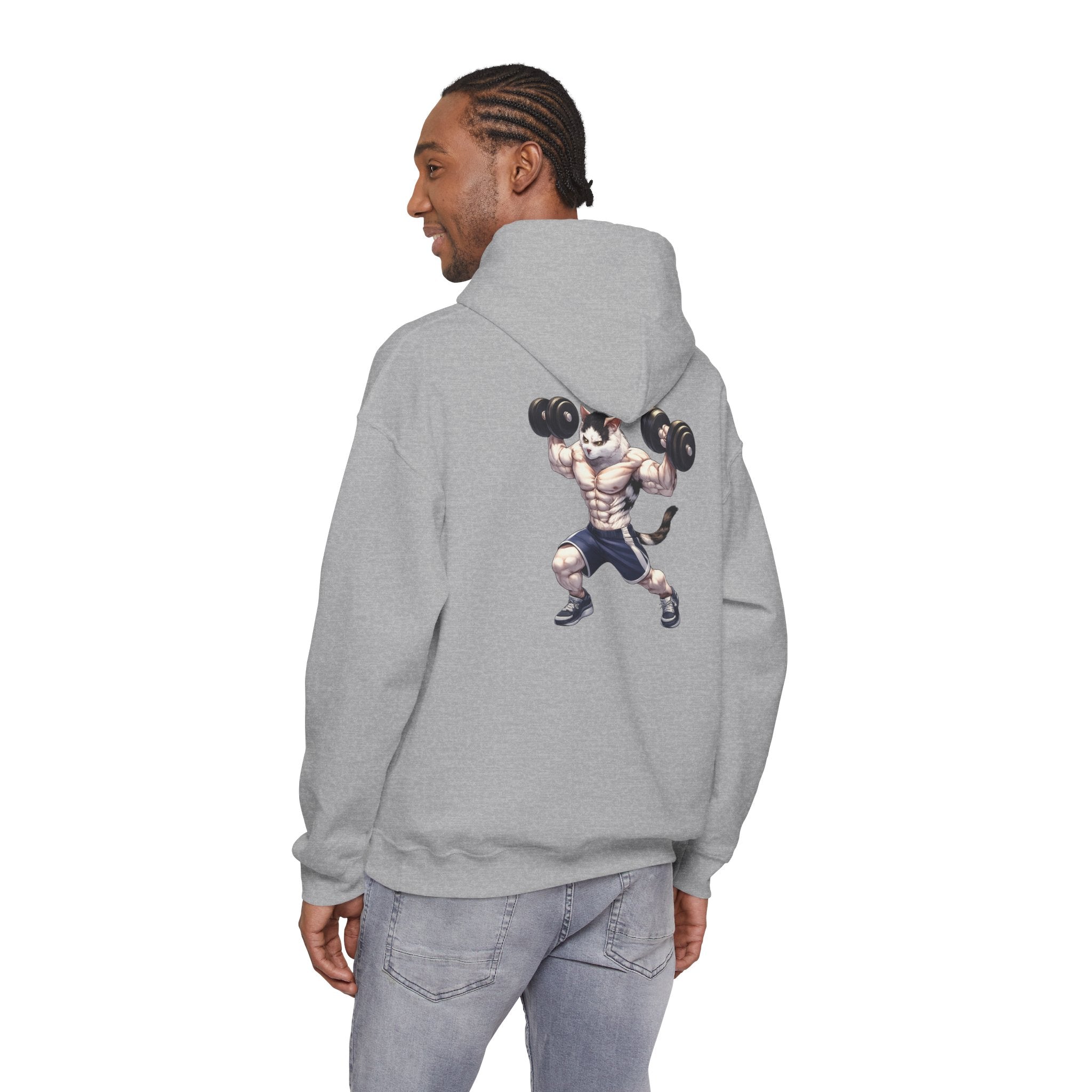 Buff Cat Gym Workout Hoodie — Funny Muscular White Cat with Black Spots Lifting Dumbbells