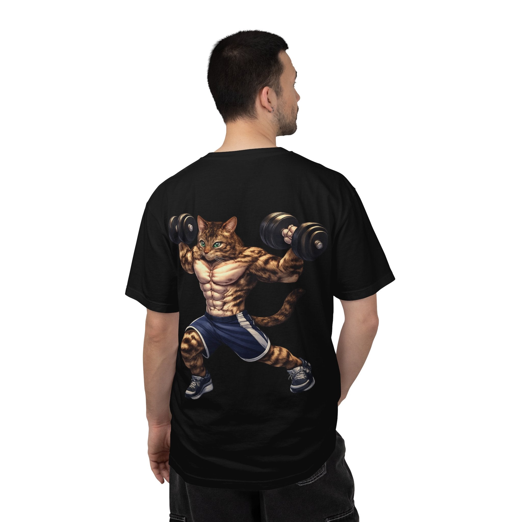 Buff Tiger Cat Gym Workout T-Shirt — Funny Muscular Tabby Cat Lifting Dumbbells