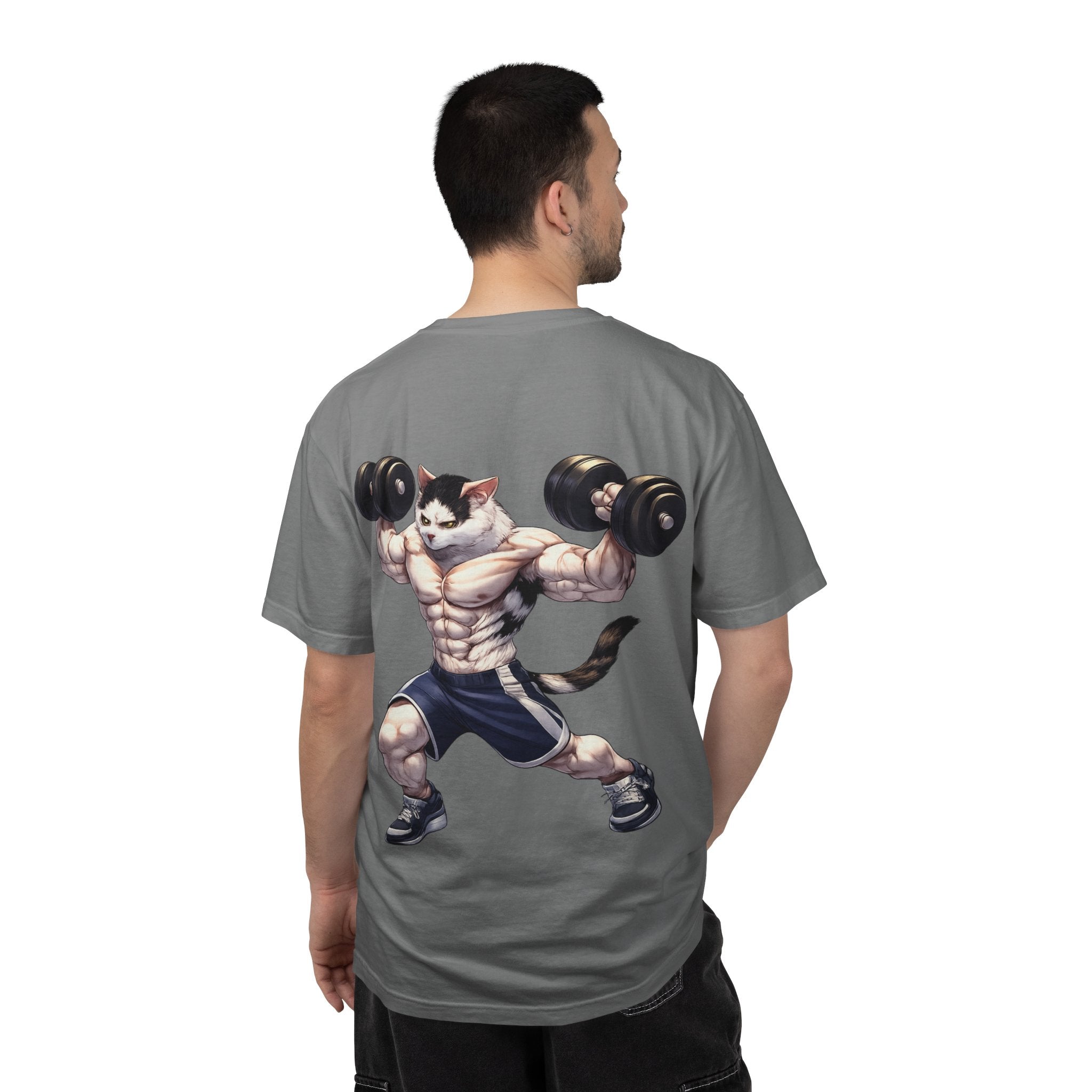 Buff Cat Gym Workout T-Shirt — Funny Muscular White Cat with Black Spots Lifting Dumbbells