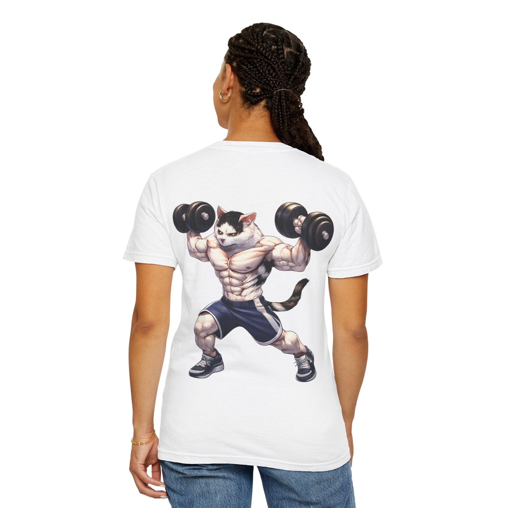 Buff Cat Gym Workout T-Shirt — Funny Muscular White Cat with Black Spots Lifting Dumbbells