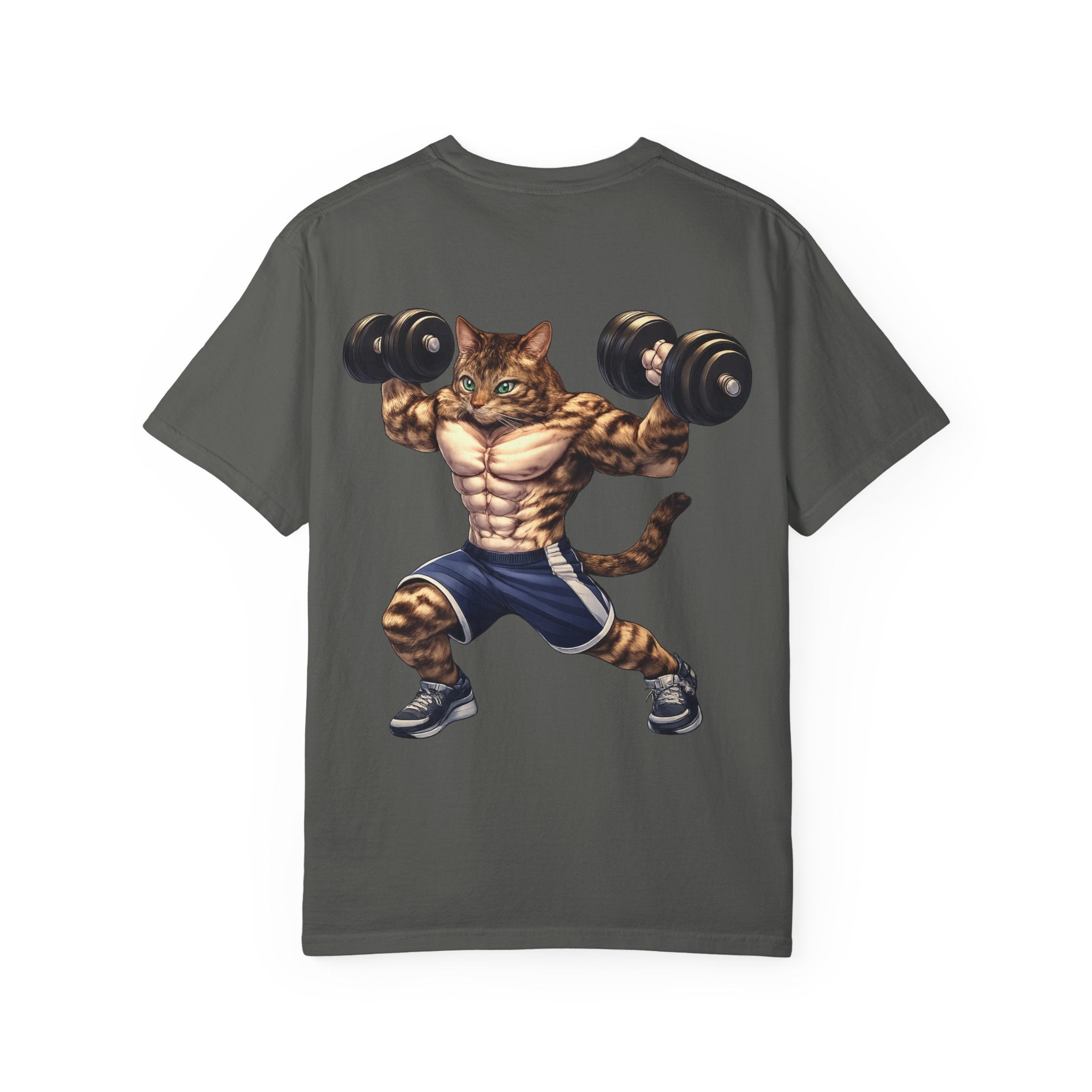 Buff Tiger Cat Gym Workout T-Shirt — Funny Muscular Tabby Cat Lifting Dumbbells