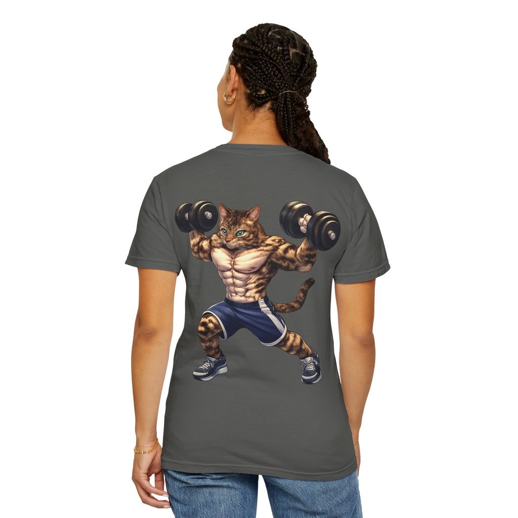 Buff Tiger Cat Gym Workout T-Shirt — Funny Muscular Tabby Cat Lifting Dumbbells
