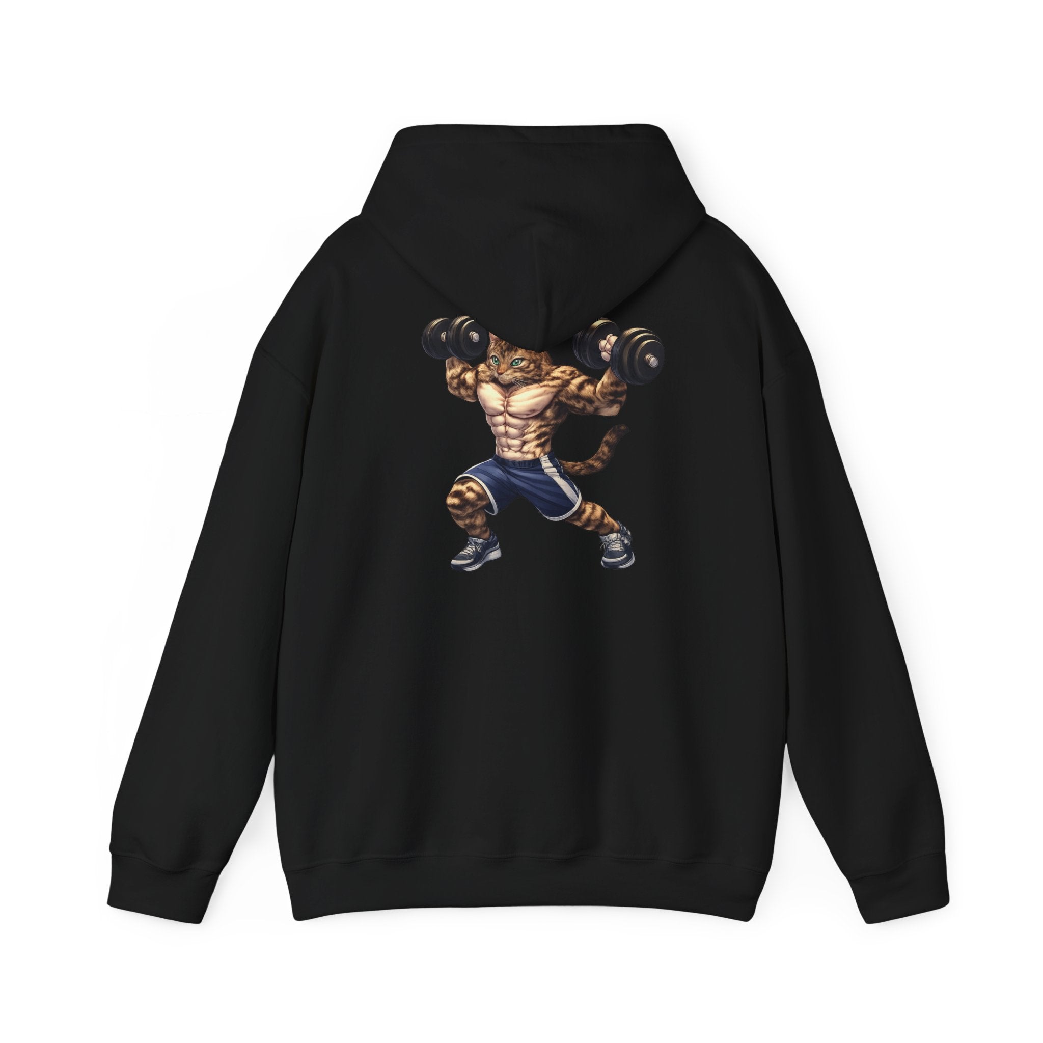 Buff Tiger Tabby Gym Hoodie — Funny Muscular Cat Lifting Dumbbells