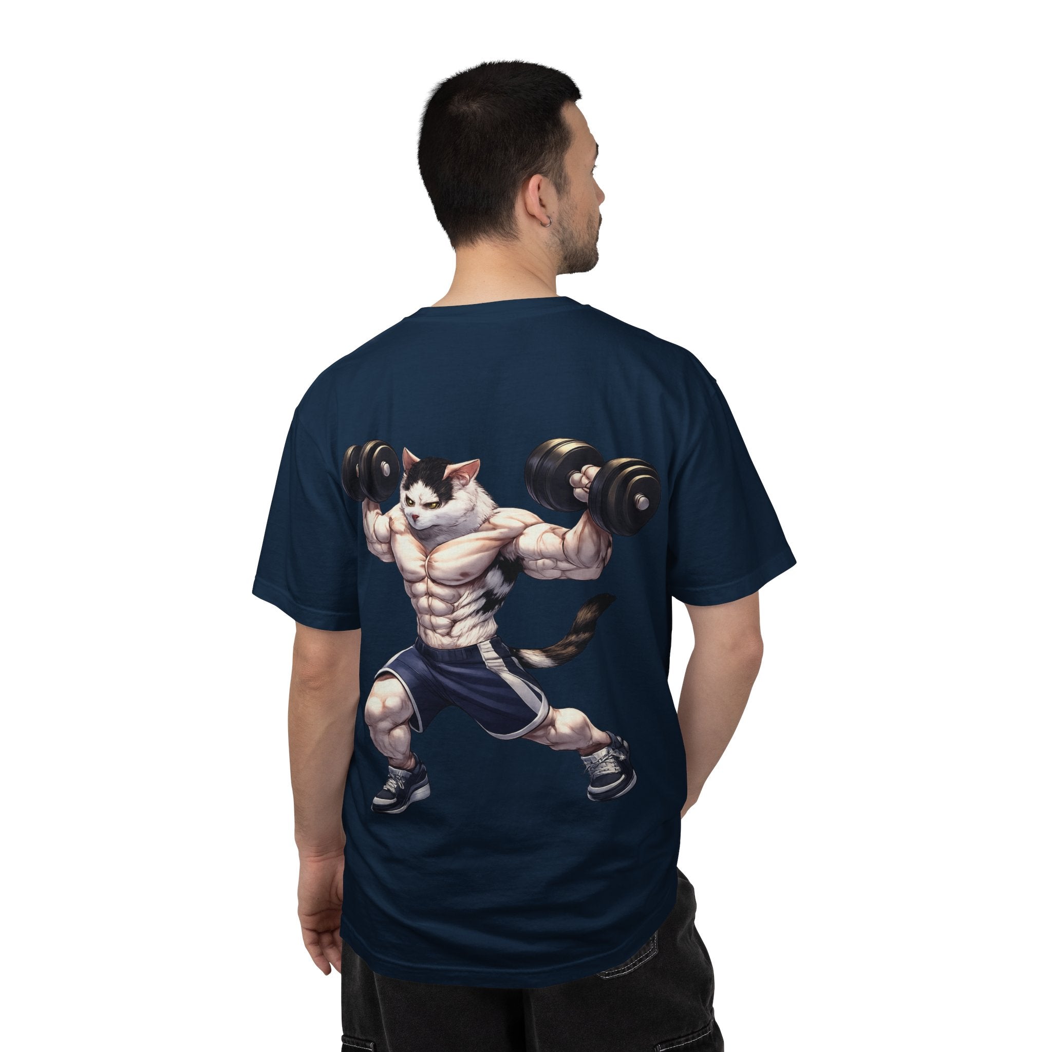 Buff Cat Gym Workout T-Shirt — Funny Muscular White Cat with Black Spots Lifting Dumbbells