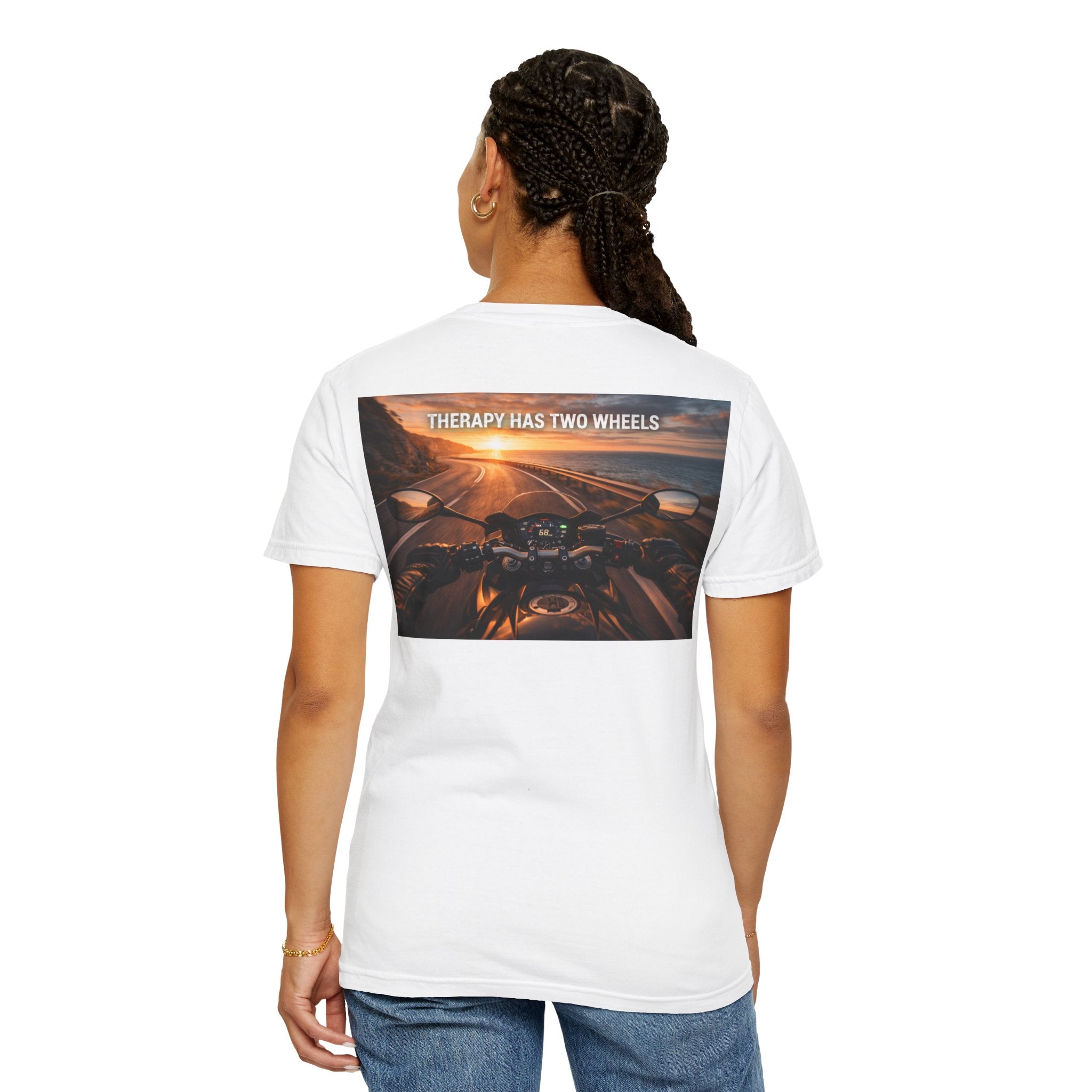 Therapy Has Two Wheels Motorcycle T-Shirt — POV Rider Sunset Ride