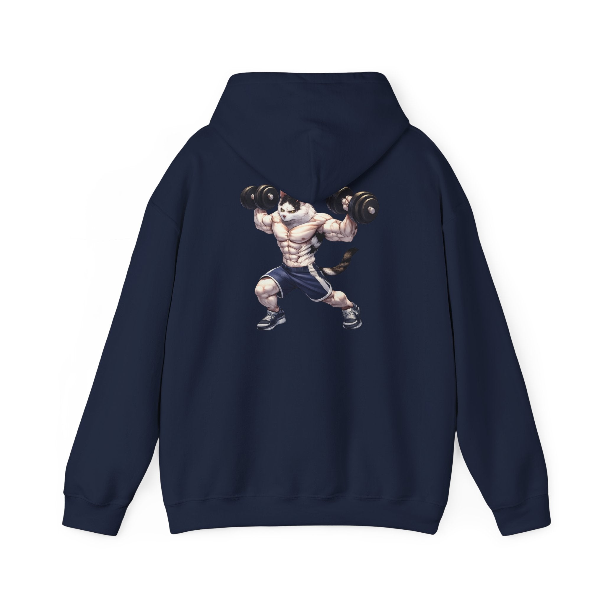 Buff Cat Gym Workout Hoodie — Funny Muscular White Cat with Black Spots Lifting Dumbbells