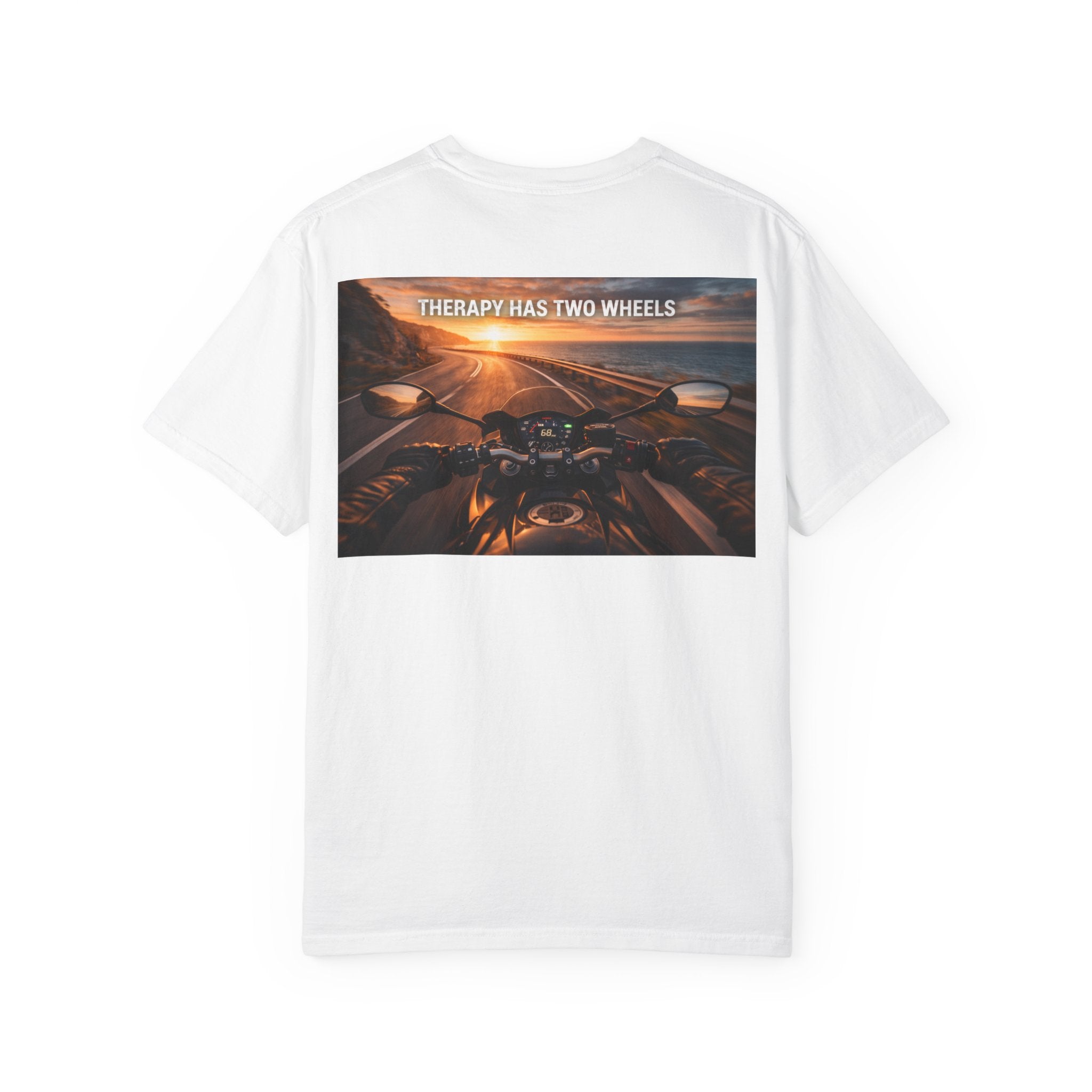 Therapy Has Two Wheels Motorcycle T-Shirt — POV Rider Sunset Ride