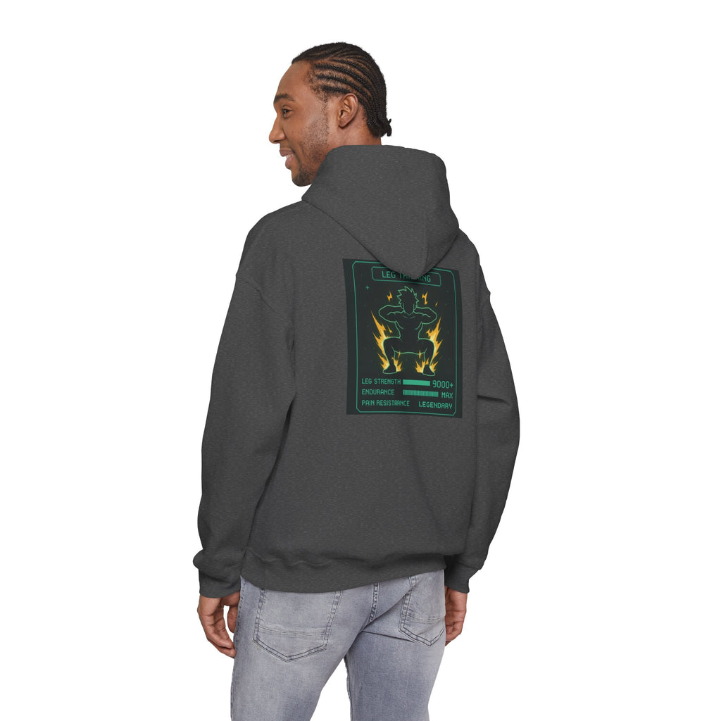Leg Training Stats 9000+ RPG Gym Hoodie — Men’s Gaming Leg Day Motivation