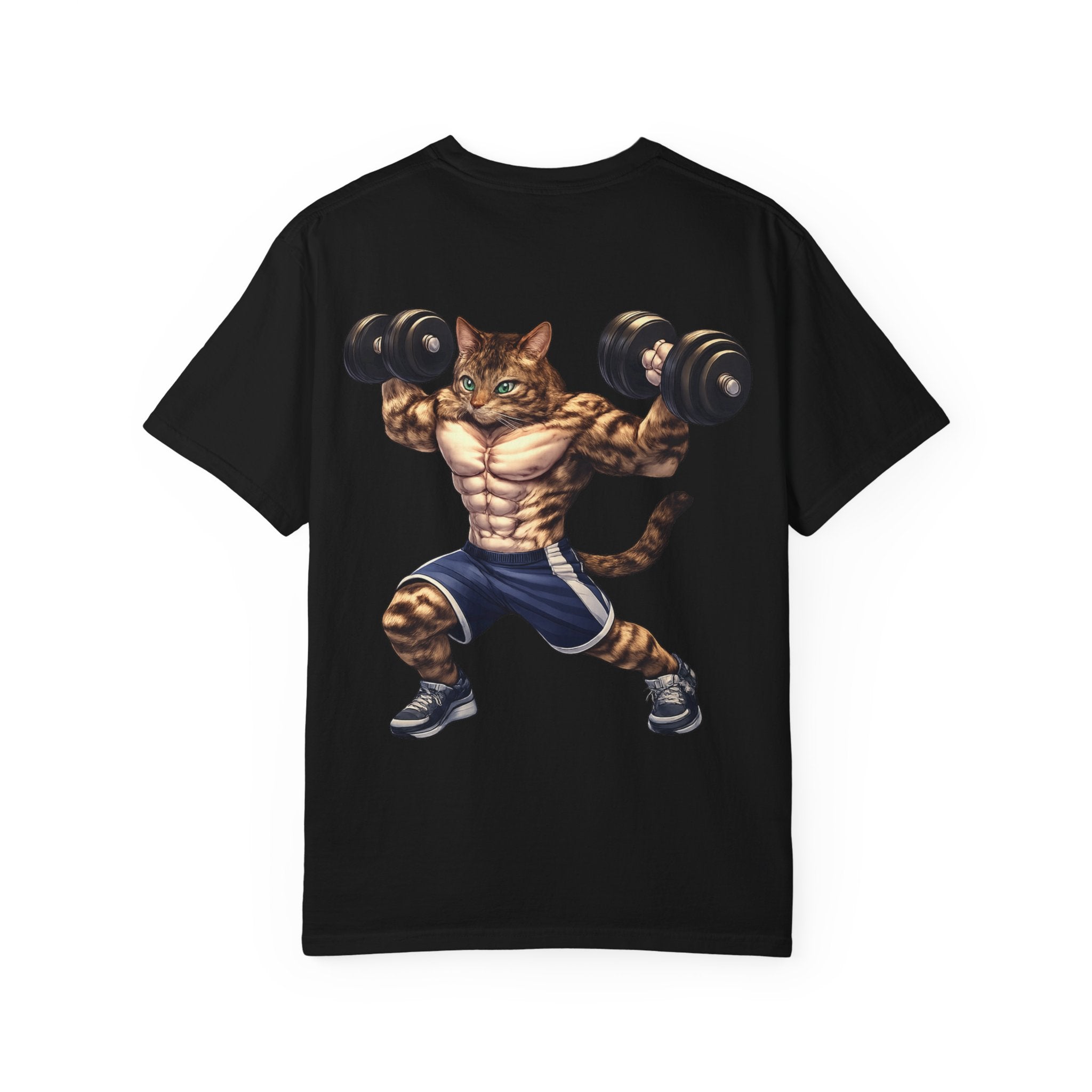 Buff Tiger Cat Gym Workout T-Shirt — Funny Muscular Tabby Cat Lifting Dumbbells