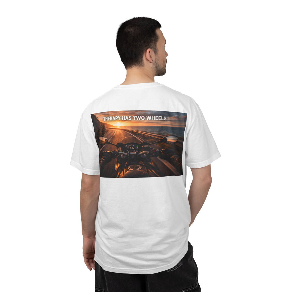 Therapy Has Two Wheels Motorcycle T-Shirt — POV Rider Sunset Ride