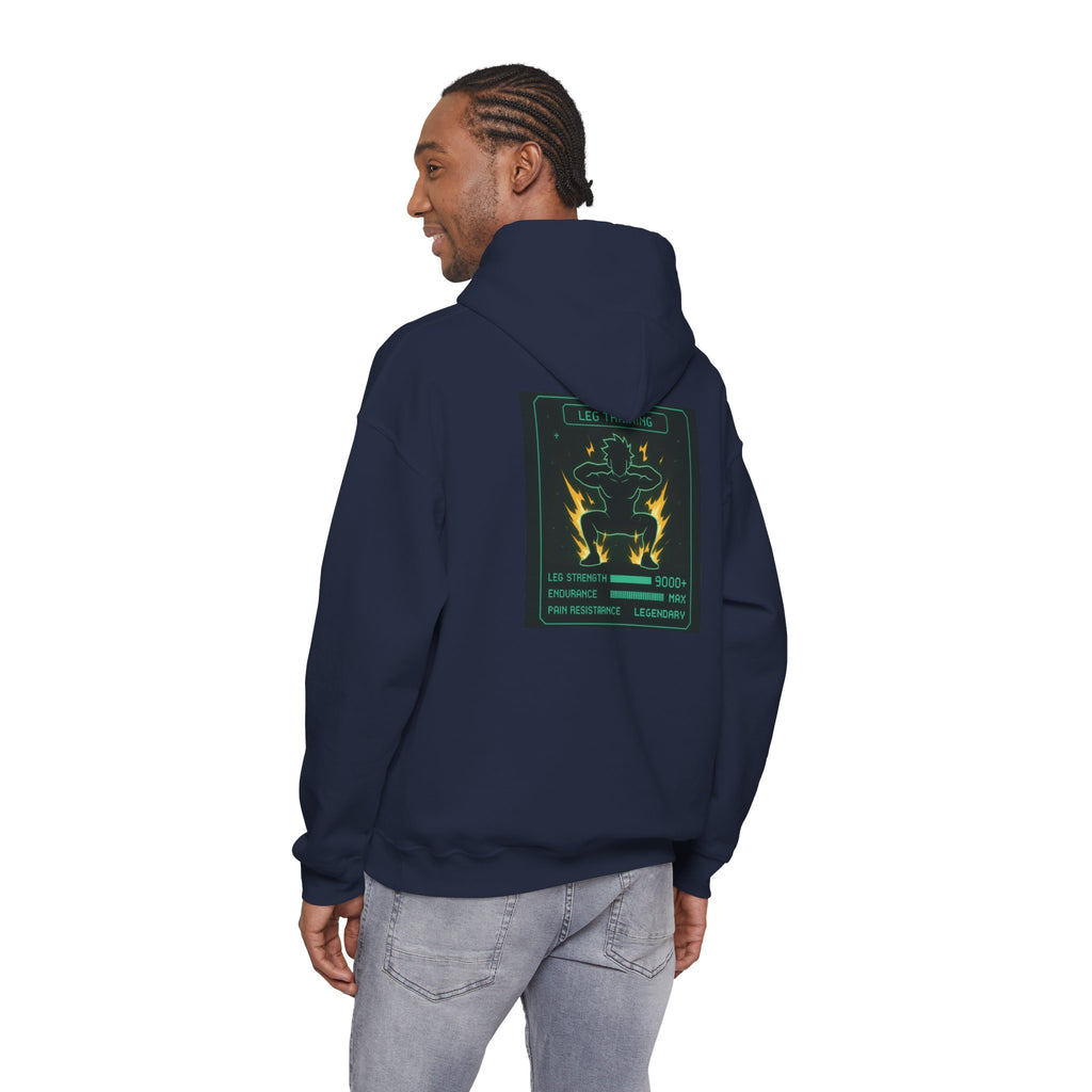 Leg Training Stats 9000+ RPG Gym Hoodie — Men’s Gaming Leg Day Motivation
