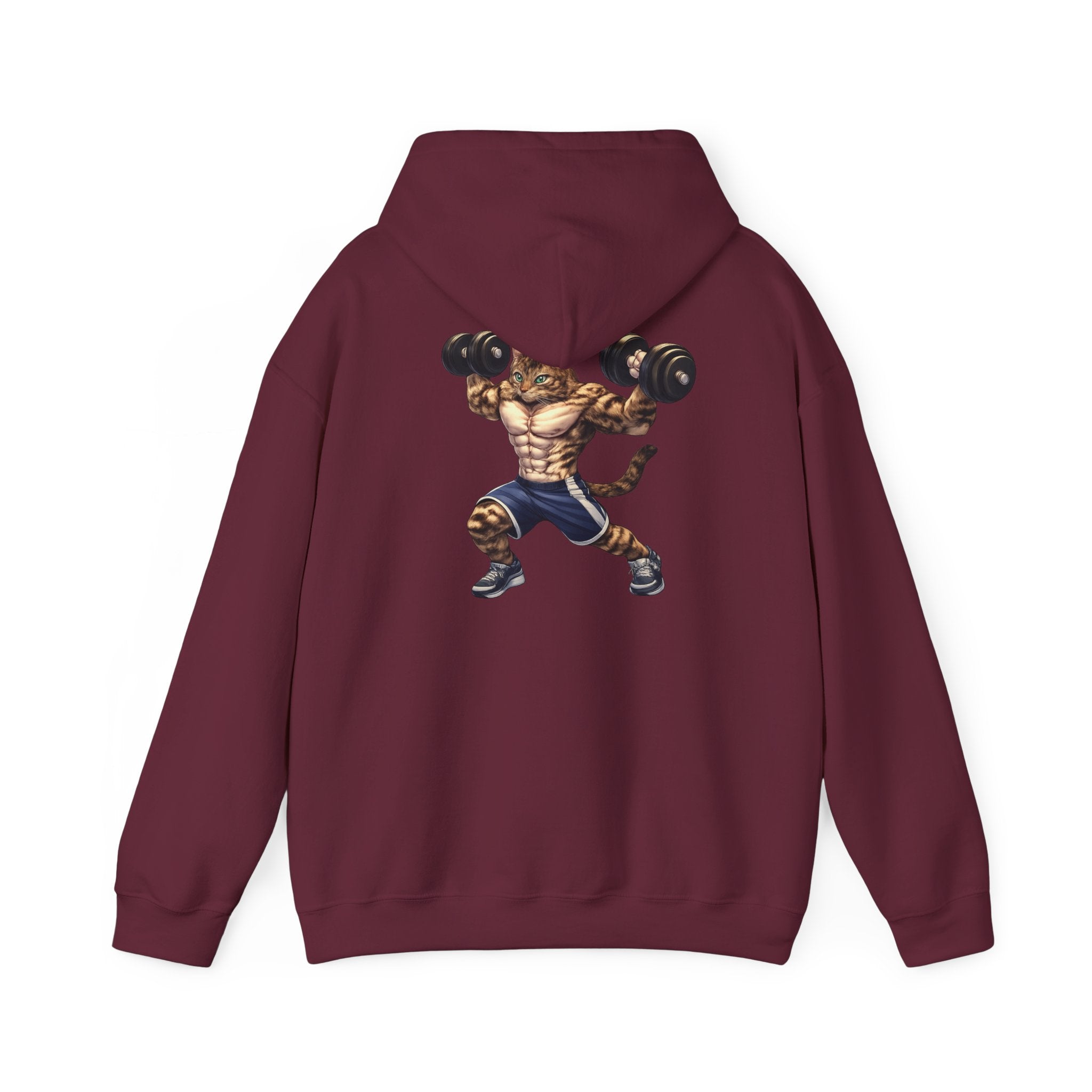 Buff Tiger Tabby Gym Hoodie — Funny Muscular Cat Lifting Dumbbells